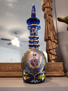 19th Century Bohemian Persian Market Qajar Enameled Gilt Cobalt Glass Decanters