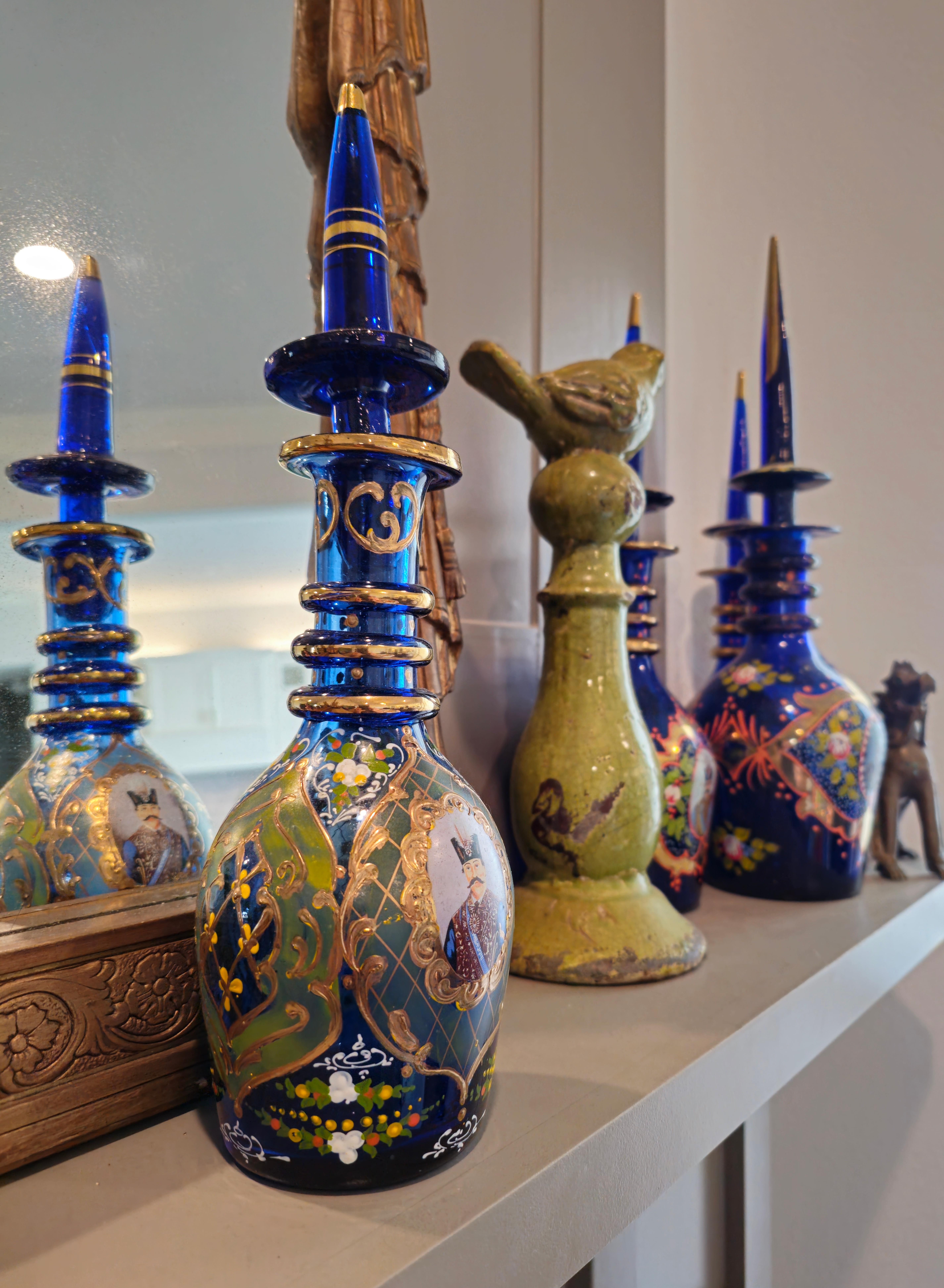 19th Century Bohemian Persian Market Qajar Enameled Gilt Cobalt Glass Decanters In Good Condition For Sale In Forney, TX
