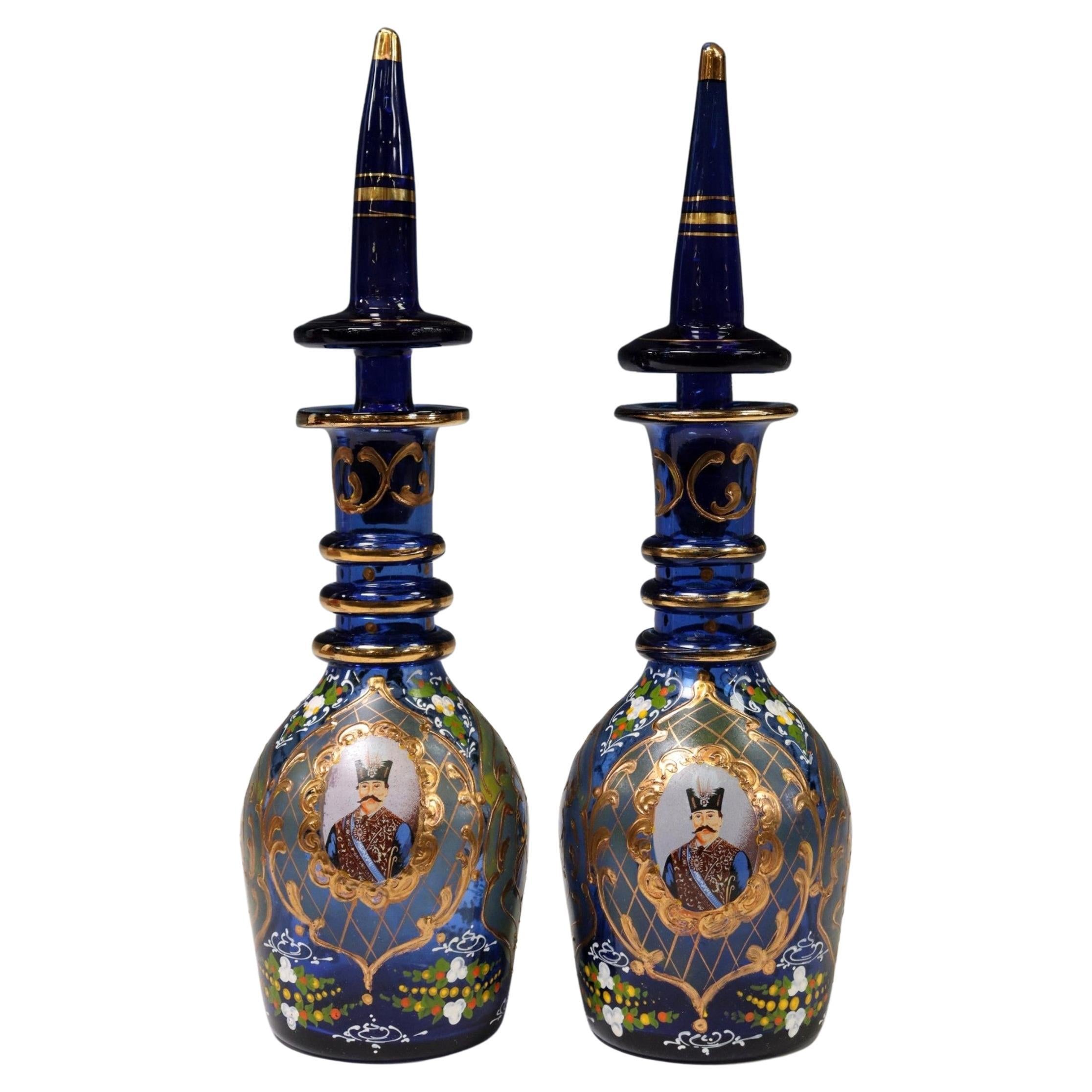 19th Century Bohemian Persian Market Qajar Enameled Gilt Cobalt Glass Decanters For Sale