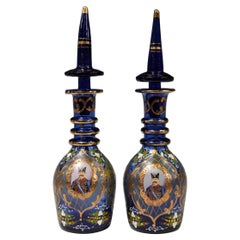 19th Century Bohemian Persian Market Qajar Enameled Gilt Cobalt Glass Decanters