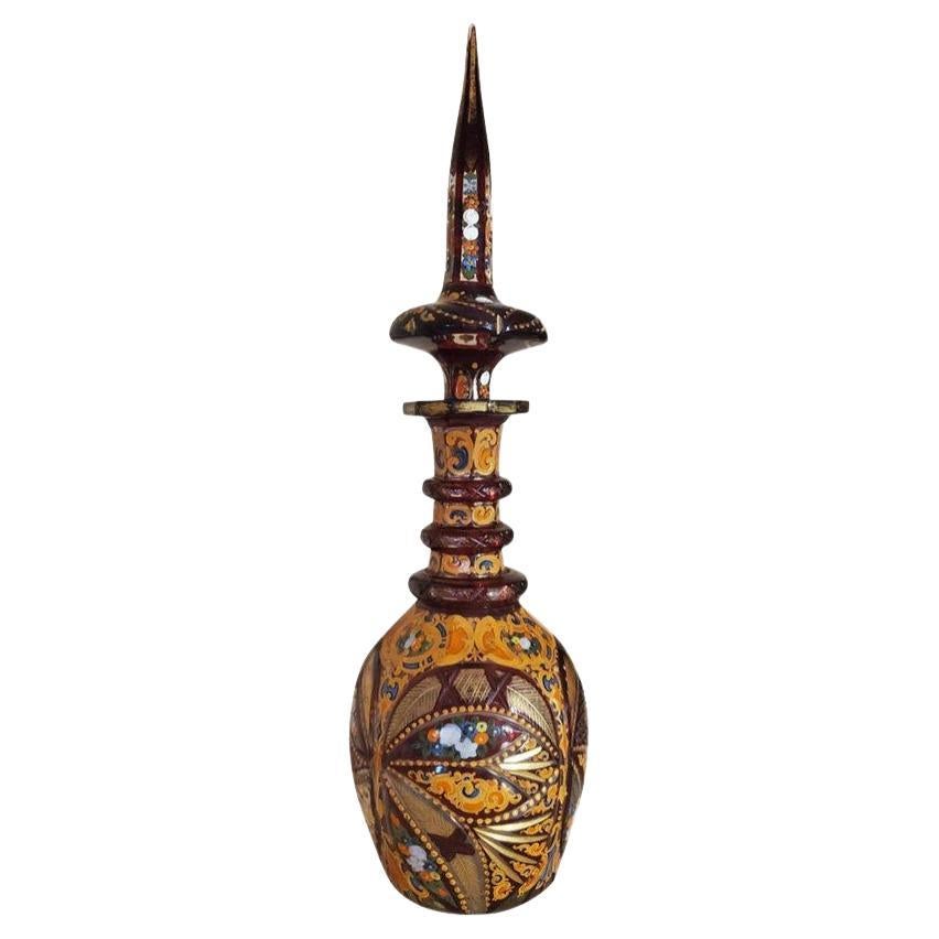 19th Century Bohemian Ruby Cased Gilt and Enameled Cut Art Glass Decanter For Sale