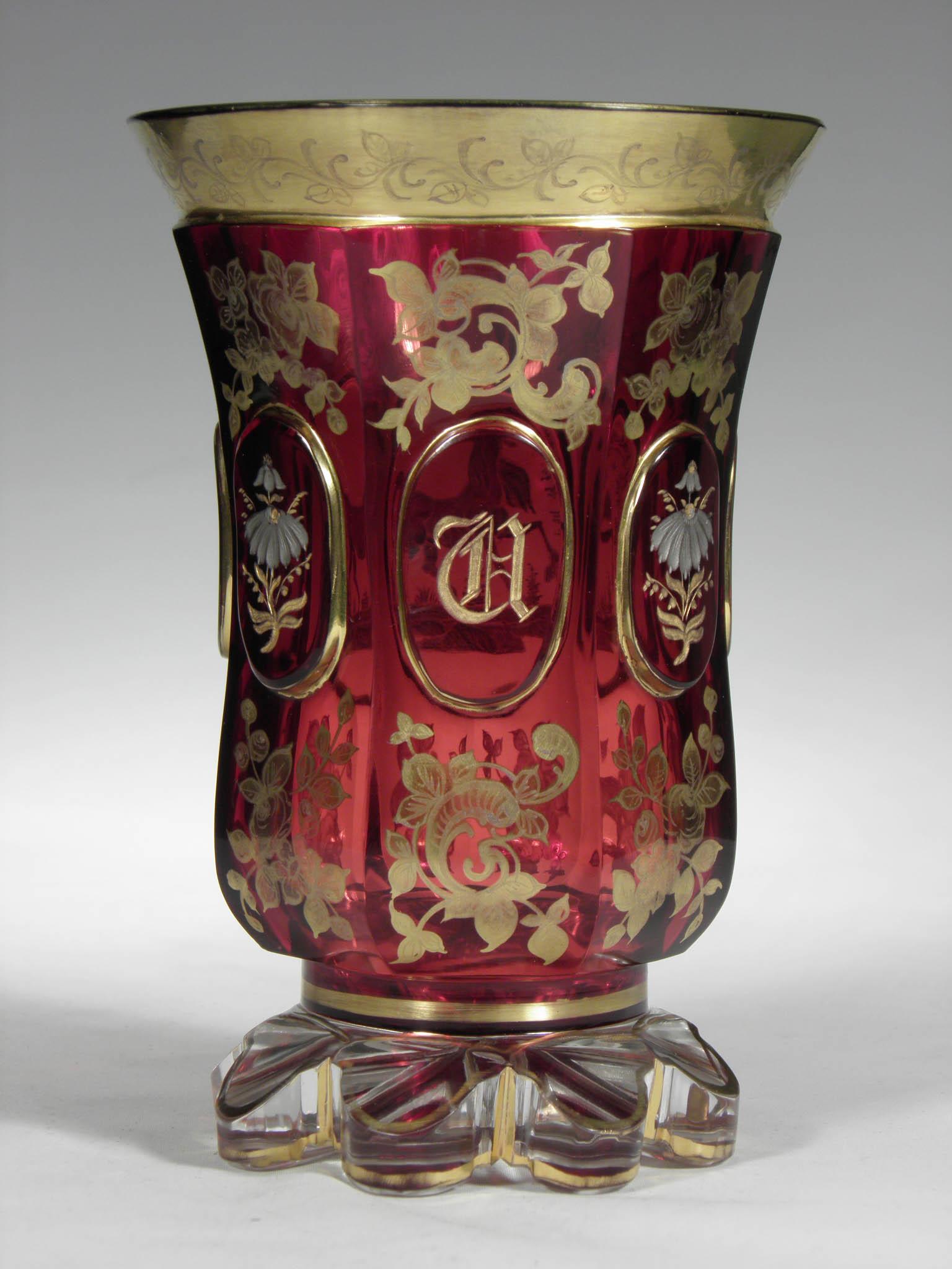 Czech Antique Bohemian Ruby Glass Gold Paint Horse Flower Motive 19th Century