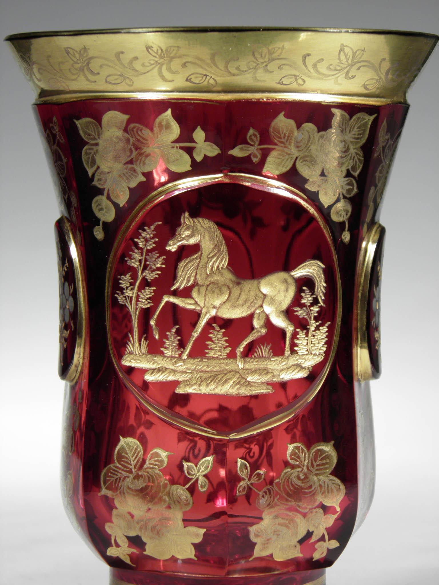Antique Bohemian Ruby Glass Gold Paint Horse Flower Motive 19th Century In Good Condition In Nový Bor, CZ