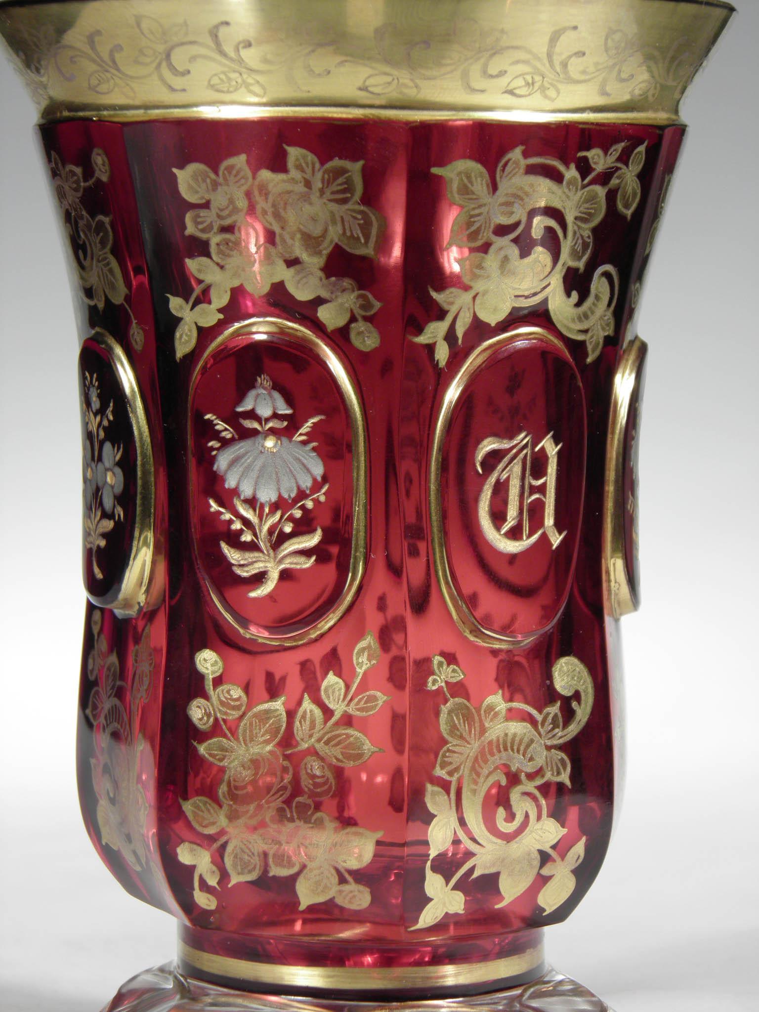Antique Bohemian Ruby Glass Gold Paint Horse Flower Motive 19th Century 1