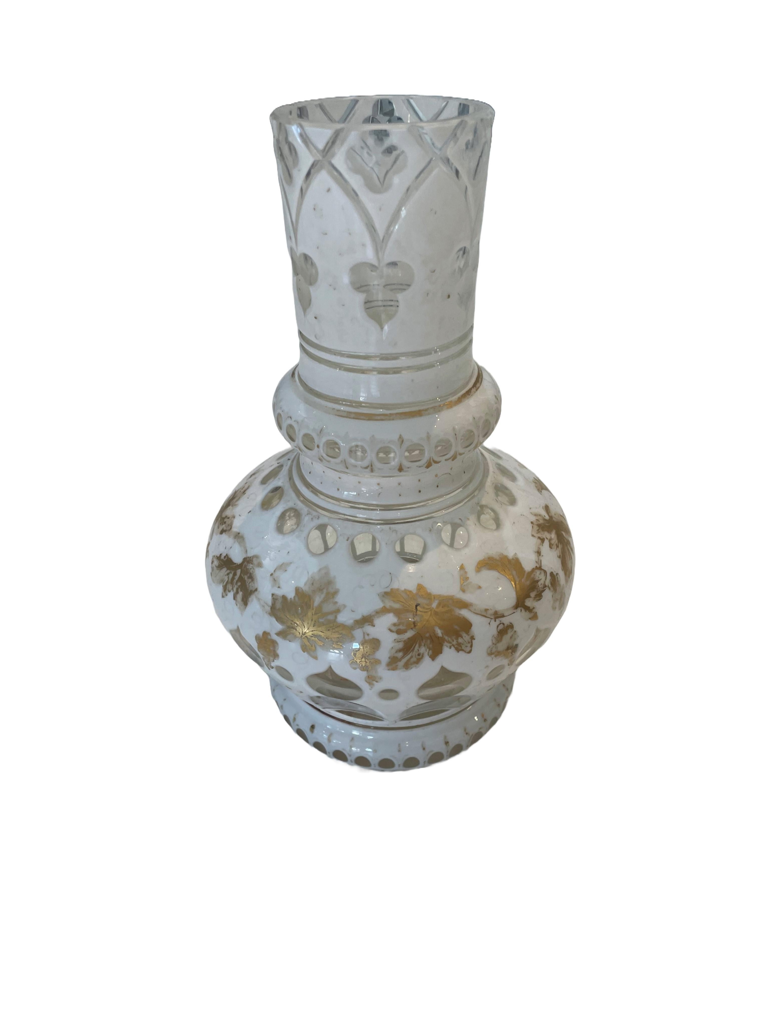 Hand-Crafted Antique 19th Century Bohemian White and Gold Overlay Glassware Vase For Sale