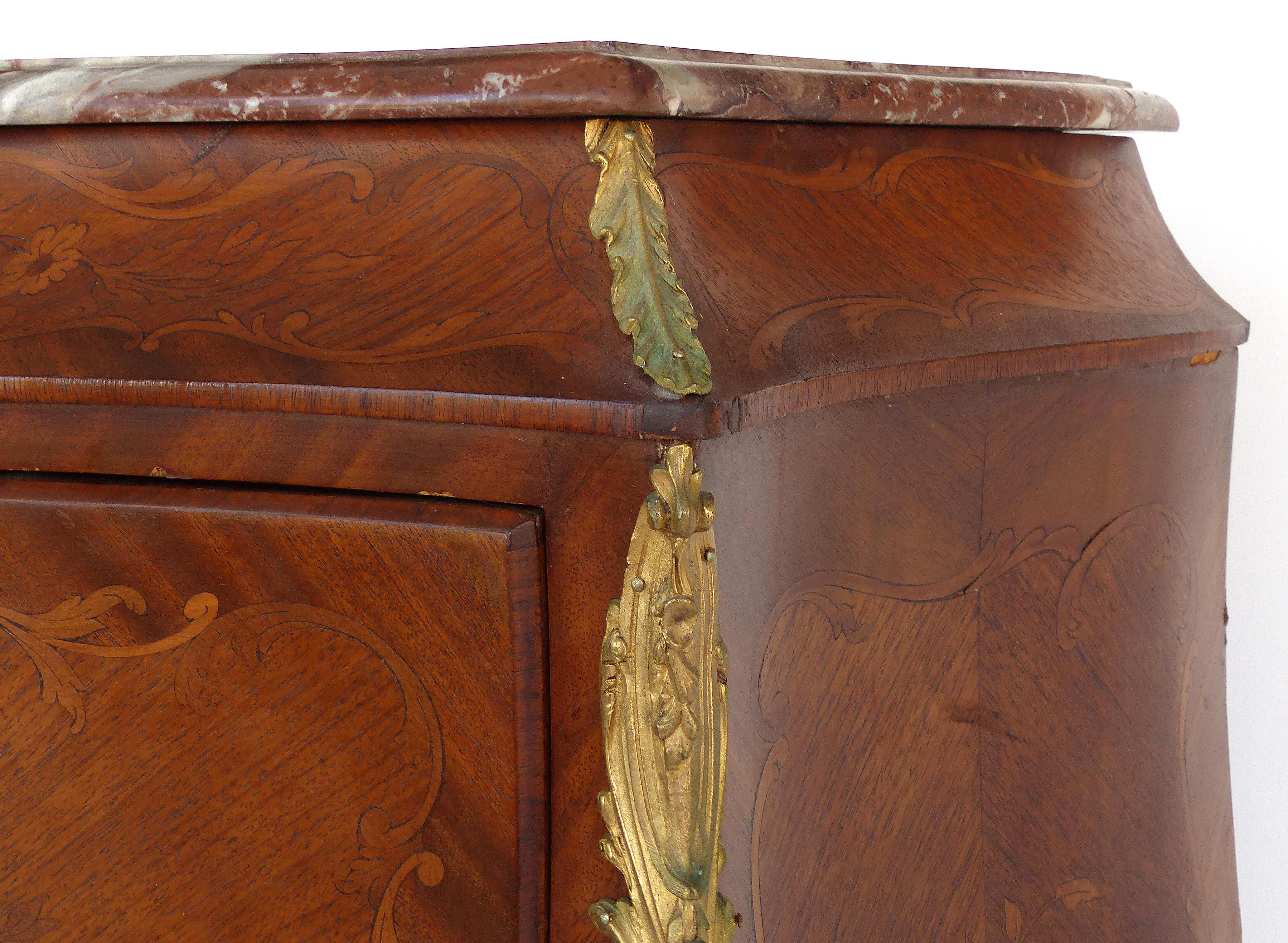 19th Century Bombe Marquetry Secrétaire à Abattant, Marble Top and Bronze Mounts For Sale 3