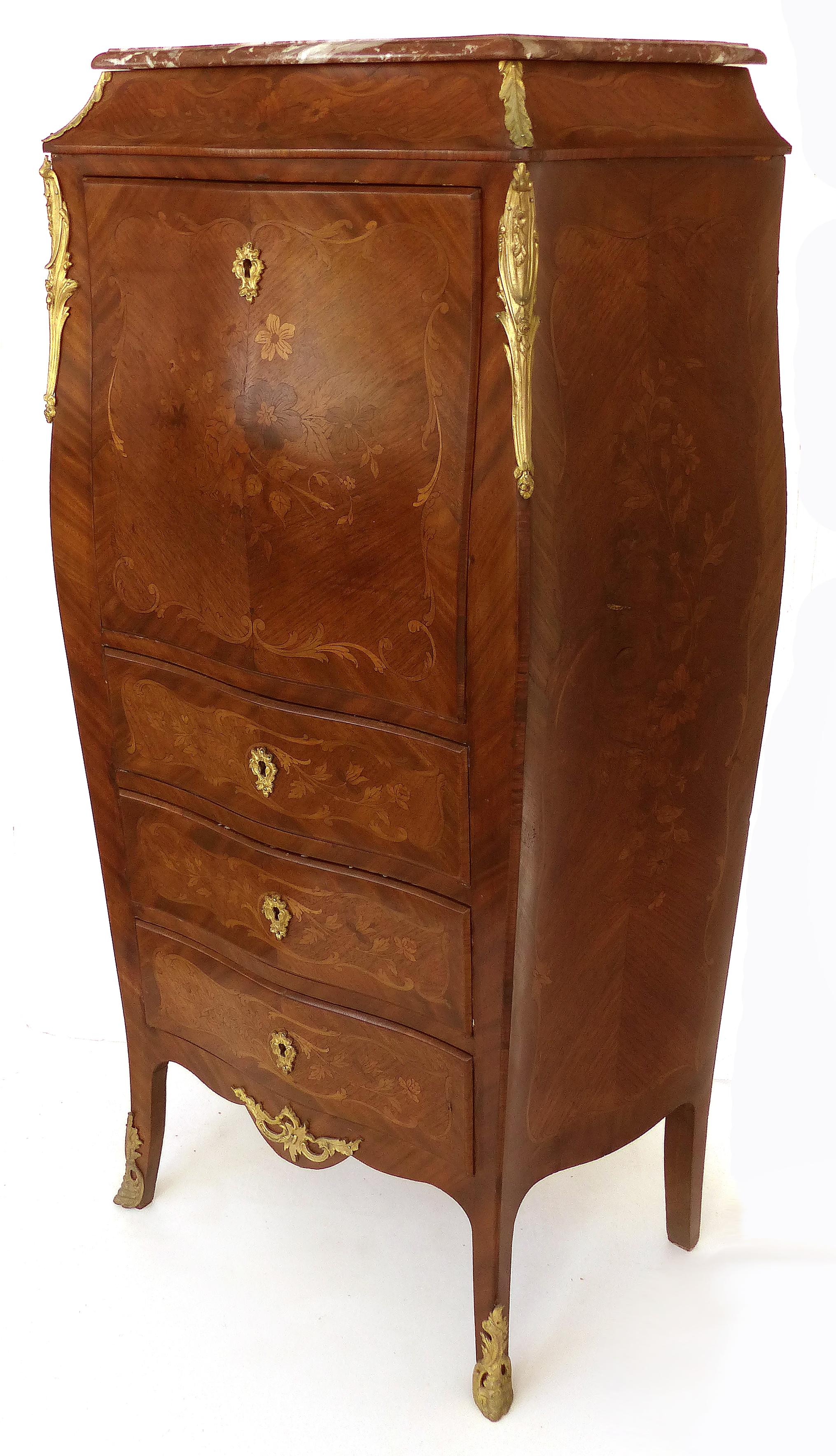 19th century bombe marquetry secrétaire à abattant, marble top and bronze mounts.

Offered for sale is a late 19th century Louis XV style bombe marquetry secrétaire à abattant with a marble top and bronze mounts. The secrétaire offers a fall front