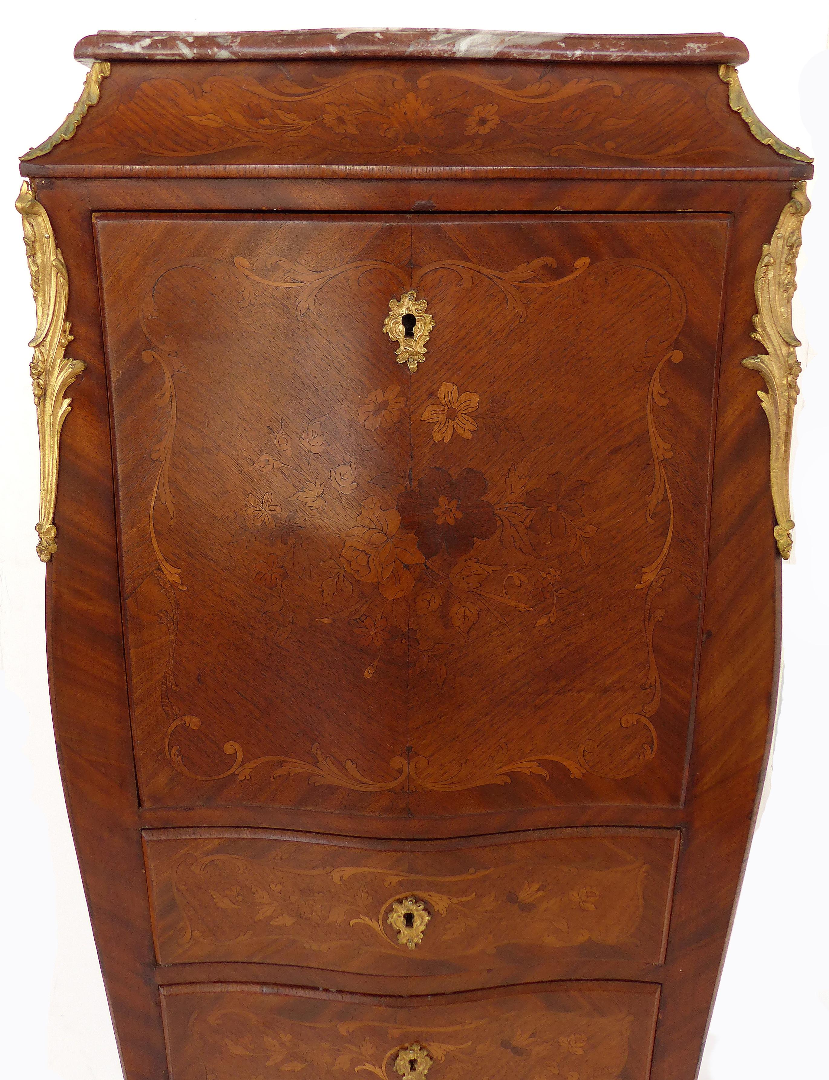 French 19th Century Bombe Marquetry Secrétaire à Abattant, Marble Top and Bronze Mounts For Sale