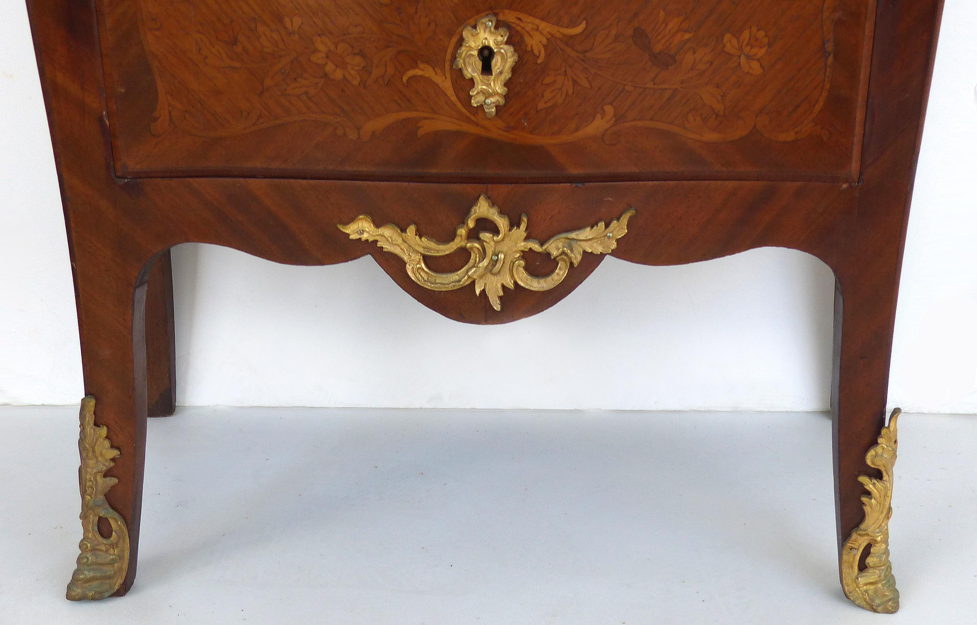 Leather 19th Century Bombe Marquetry Secrétaire à Abattant, Marble Top and Bronze Mounts For Sale