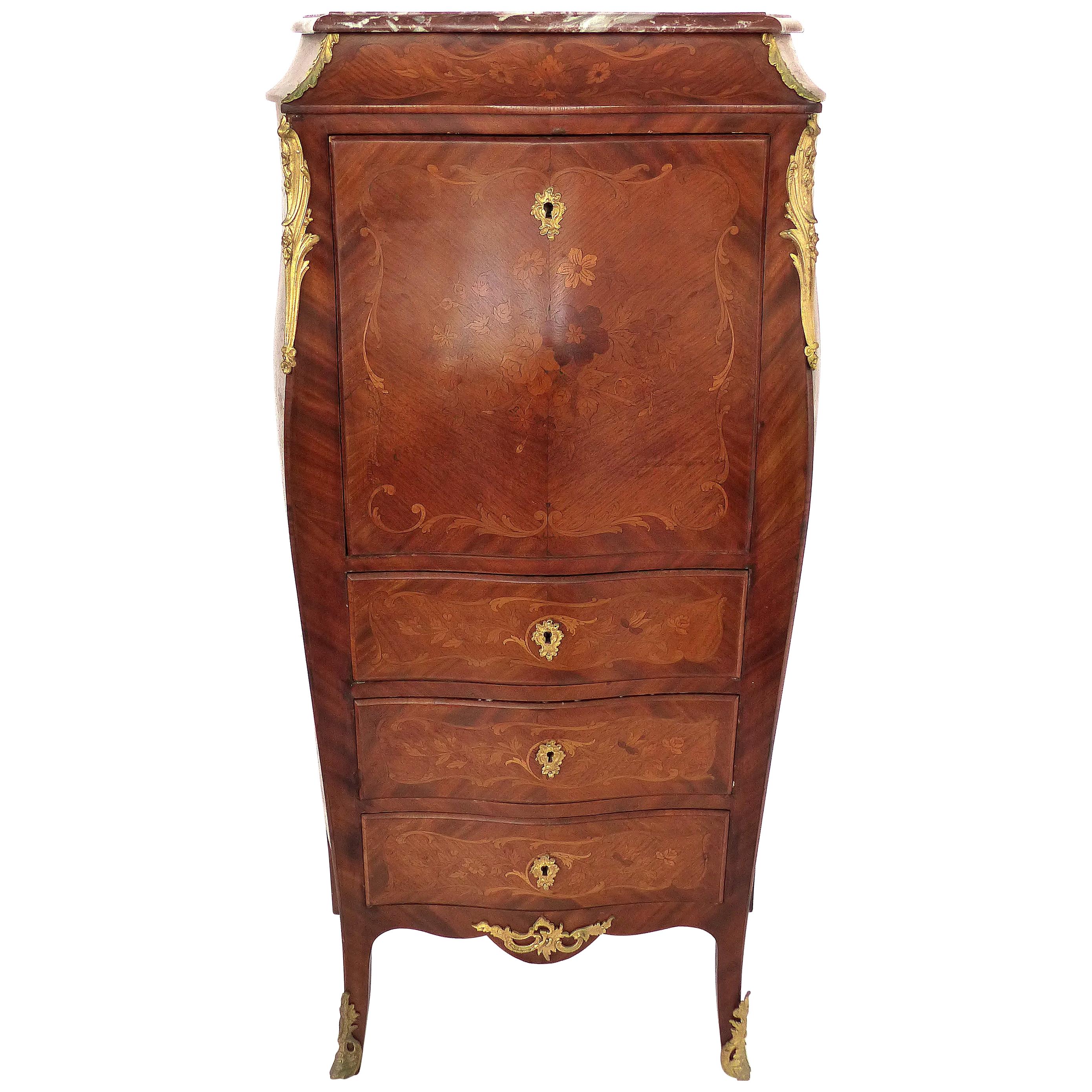 19th Century Bombe Marquetry Secrétaire à Abattant, Marble Top and Bronze Mounts For Sale