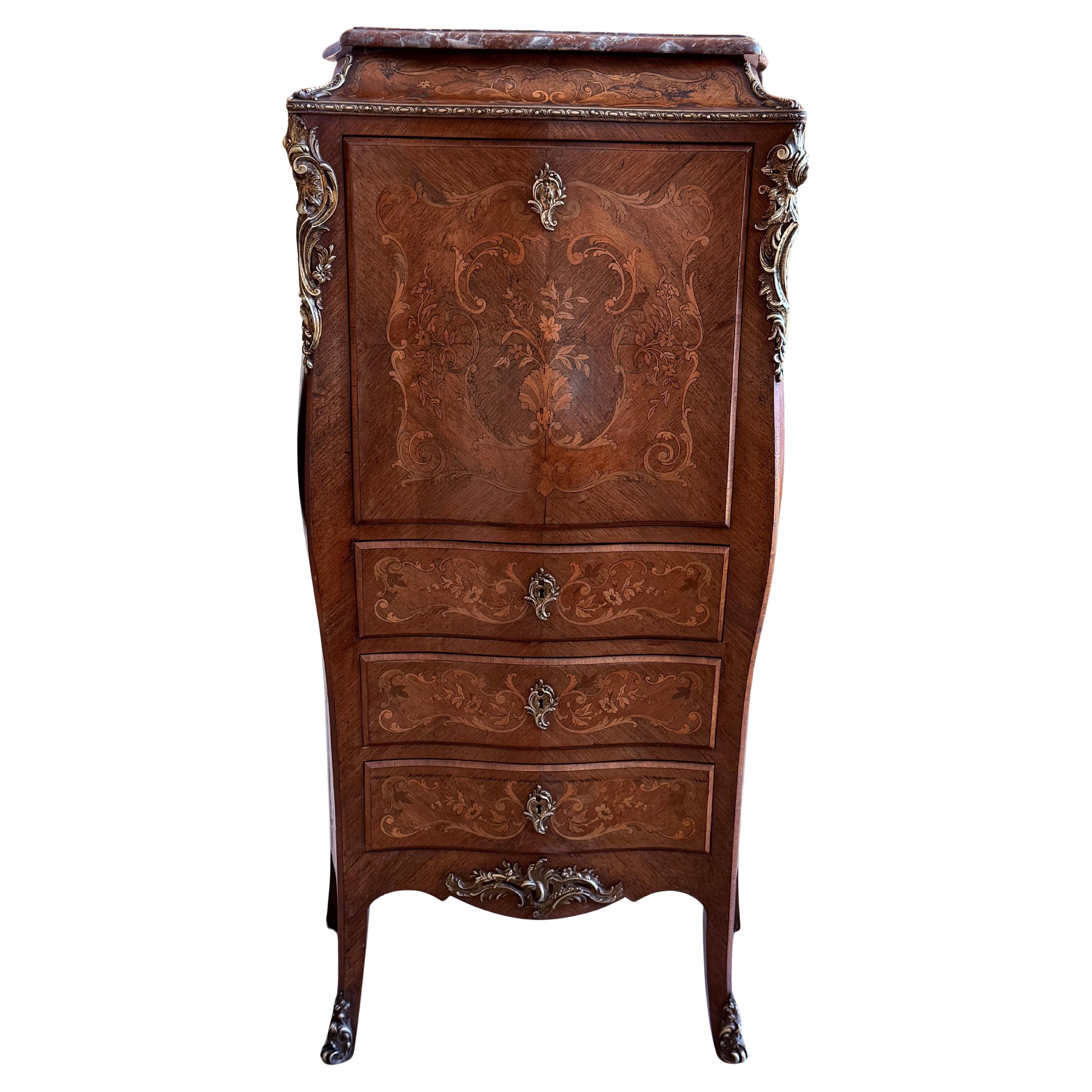 19th Century Bombe Marquetry Secrétaire à Abattant, Marble Top and Bronze Mounts