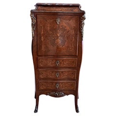19th Century Bombe Marquetry Secrétaire à Abattant, Marble Top and Bronze Mounts