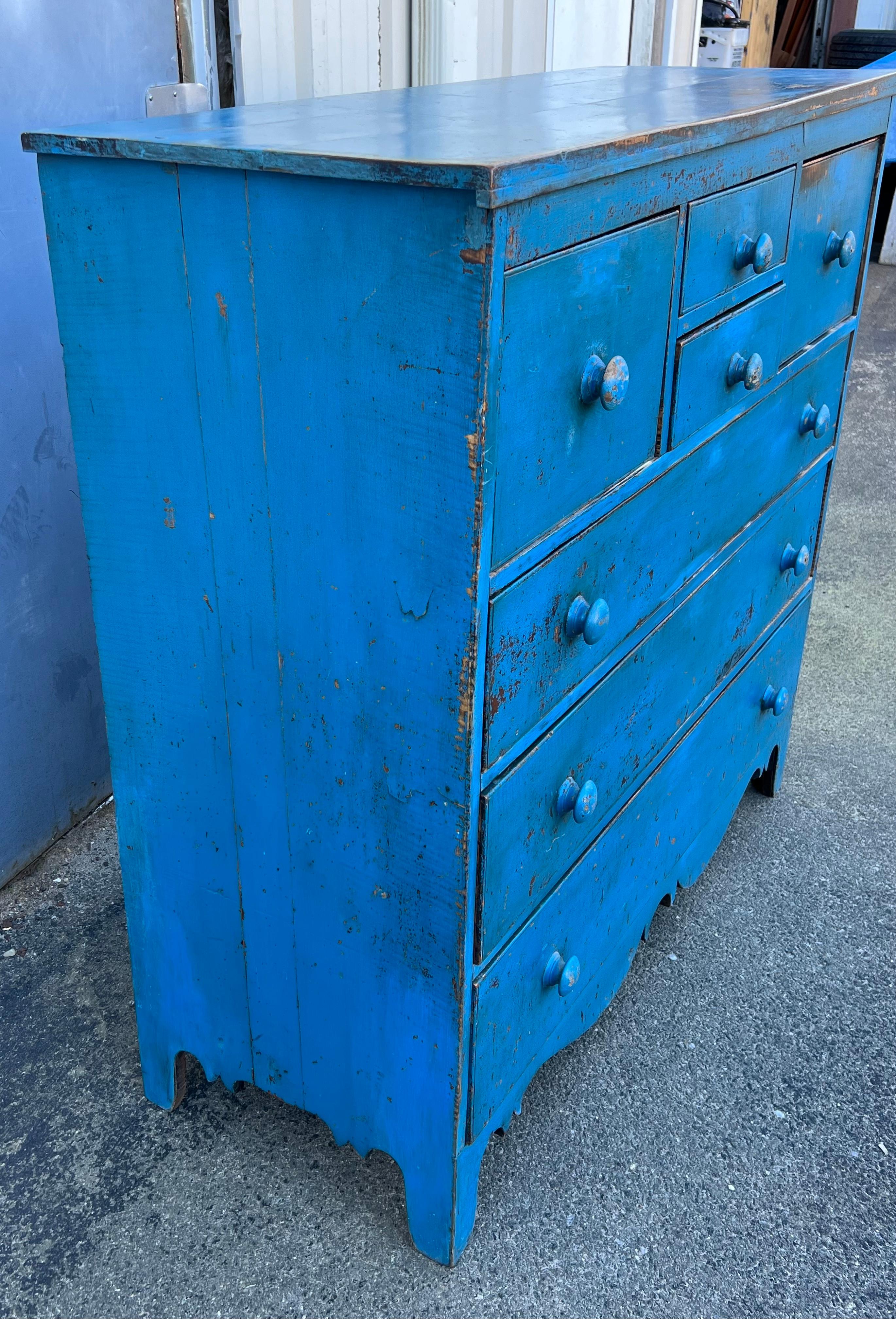Hand-Crafted 19th Century Bonnet Chest in Original Bright Blue Paint For Sale