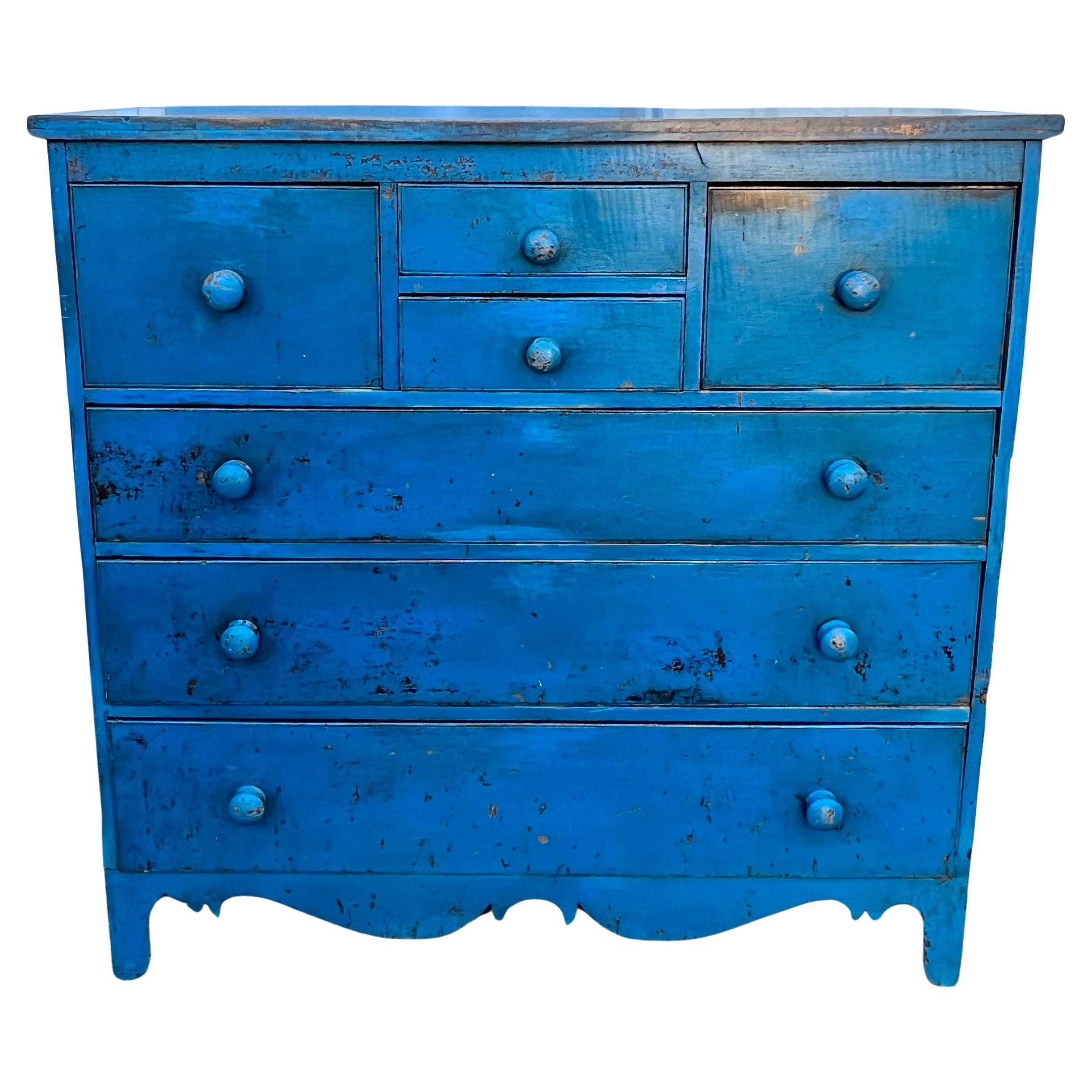 19th Century Bonnet Chest in Original Bright Blue Paint