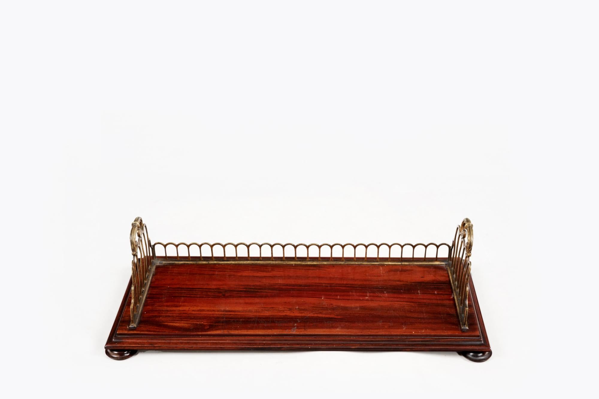 19th Century Regency mahogany book stand with brass gallery sides with scrolled lifting handles, raised on four flat bun feet.
