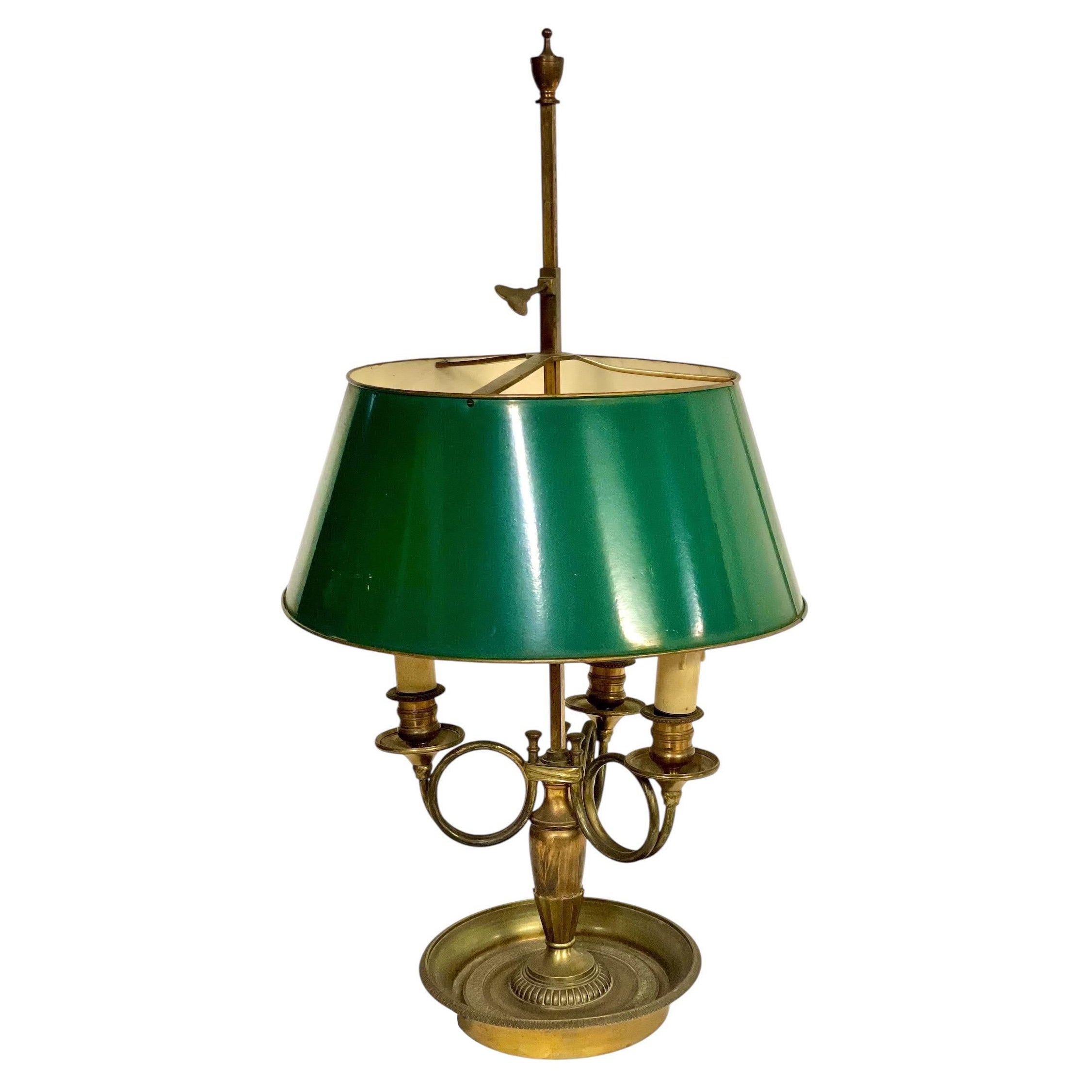 19th Century Bouillotte Lamp with Green Tole Shade and Bronze Base For Sale
