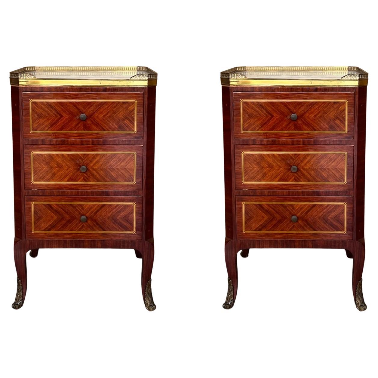 Nachttische aus Bouillotte im Louis-XVI-Stil des 19. Jahrhunderts mit Intarsien und Bronze