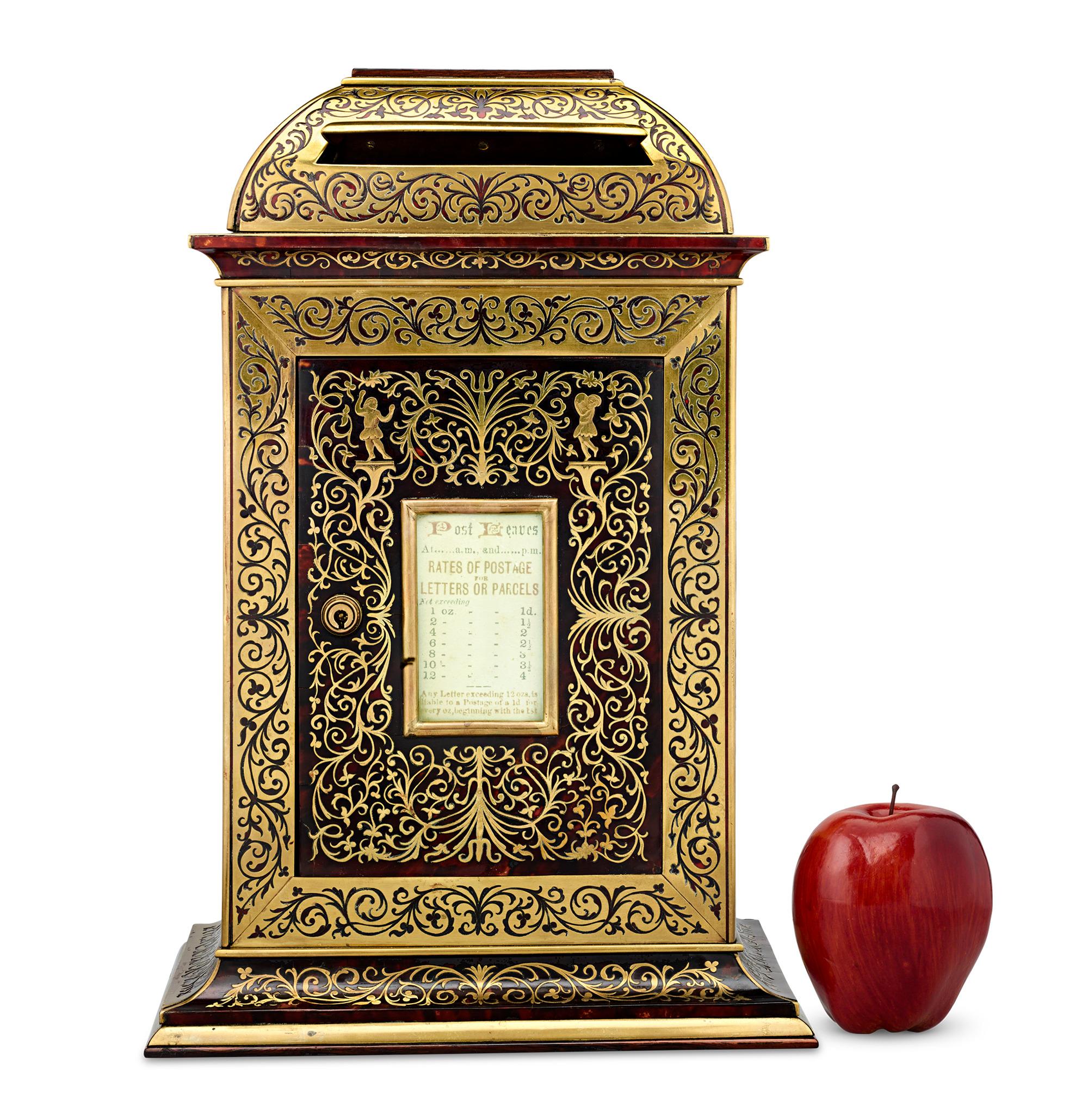 Boulle-style Post Box
19th-century

This rare 19th-century Boulle-style post box was likely used in a luxurious hotel to collect important correspondence. During the Georgian and Victorian periods, prestigious hotels and grand public buildings