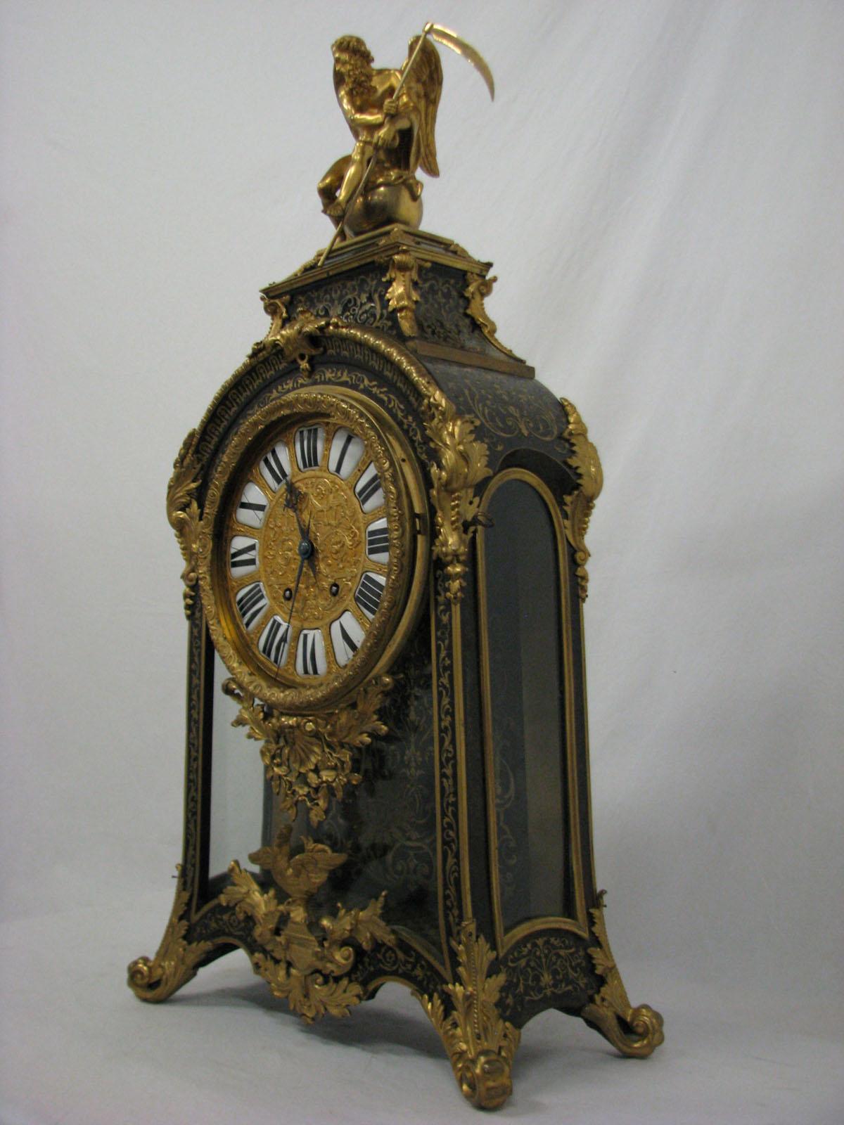 19th century Boulle mantel clock, 18th century model
A prestigious museum-class mantel clock of almost a meter height,
made around the mid-19th century (according to the 18th century pattern) in Boulle technique and style,
being the most
