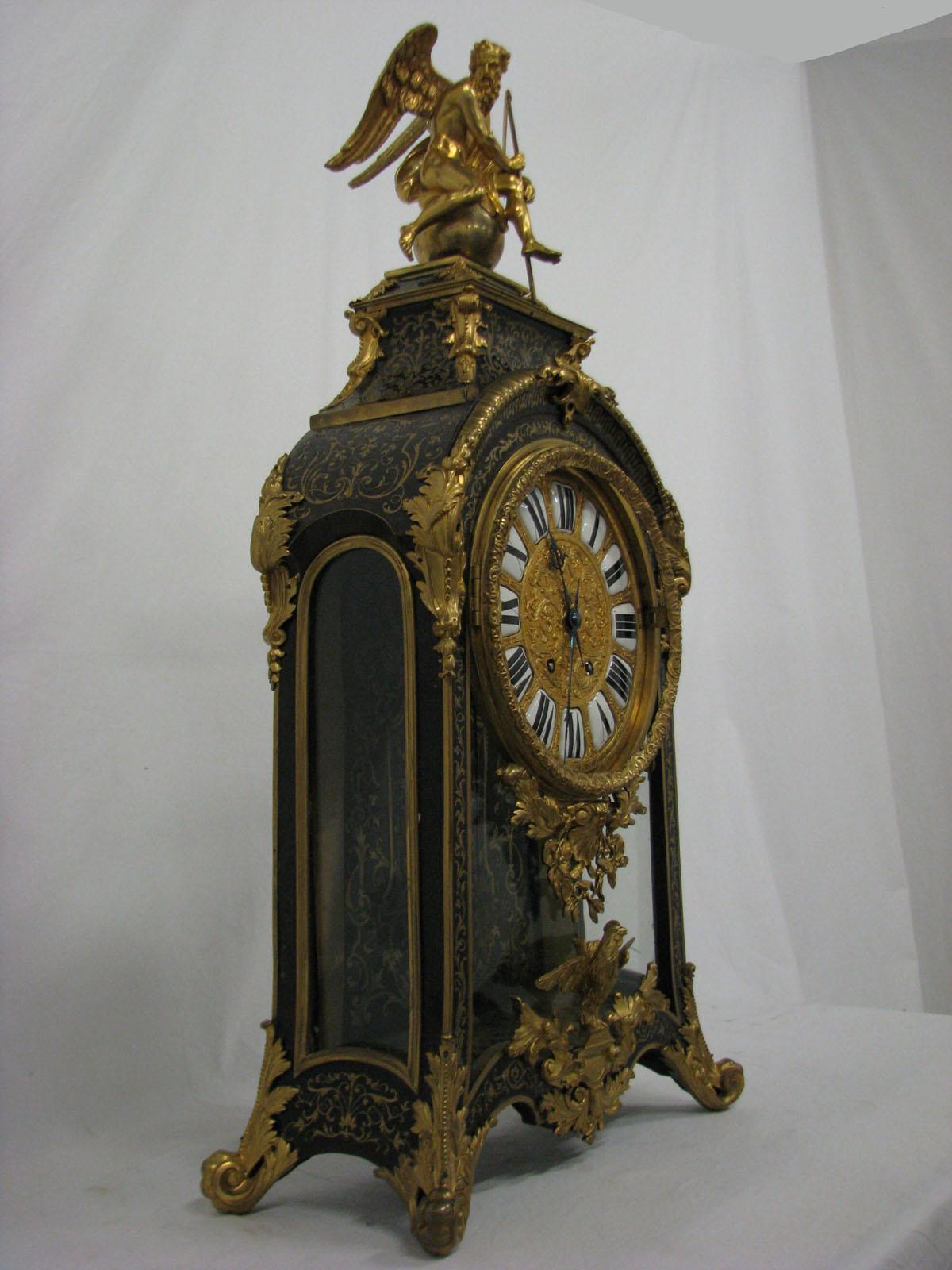 French 19th Century Boulle Mantel Clock '18th Century Pattern' Wood Gilded Bronze For Sale