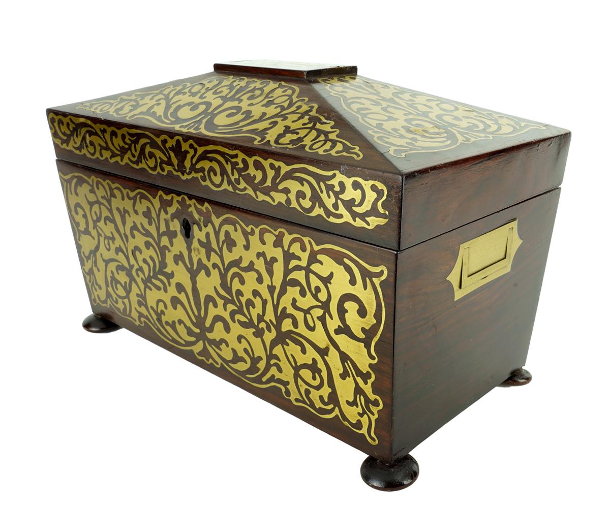 19th Century Boulle Rosewood Tea Caddy Box In Good Condition For Sale In Laguna Beach, CA