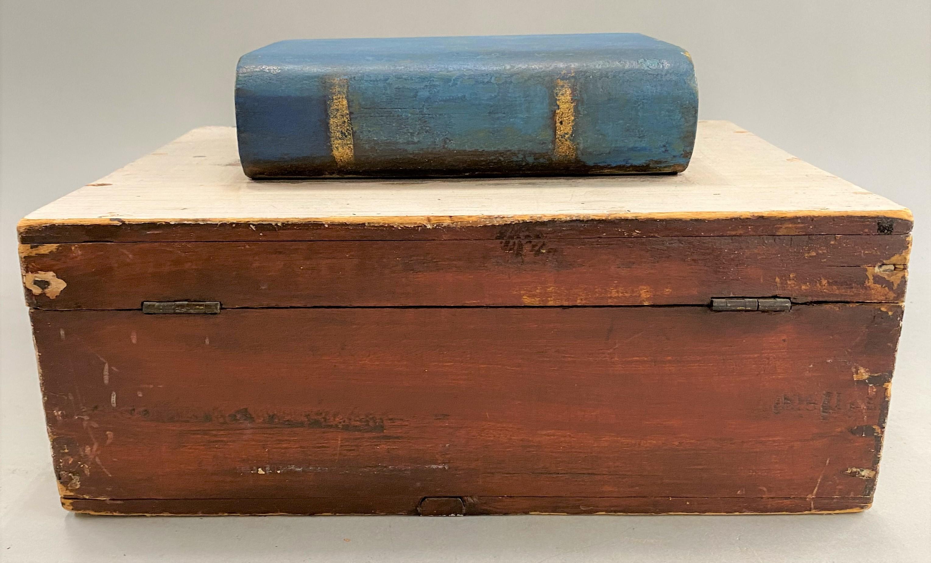 American 19th Century Box with Applied Carved Book in Original Paint