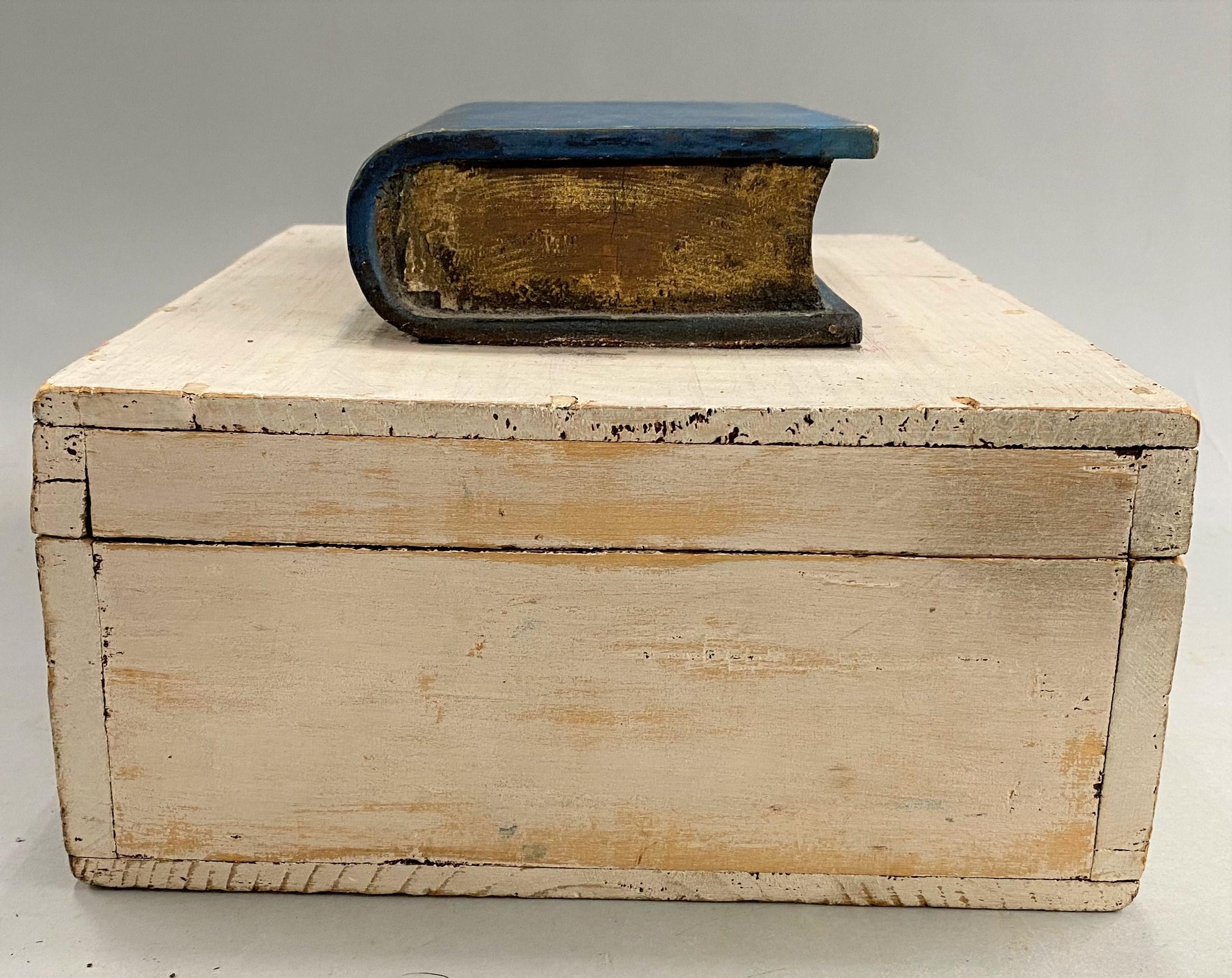Hand-Carved 19th Century Box with Applied Carved Book in Original Paint