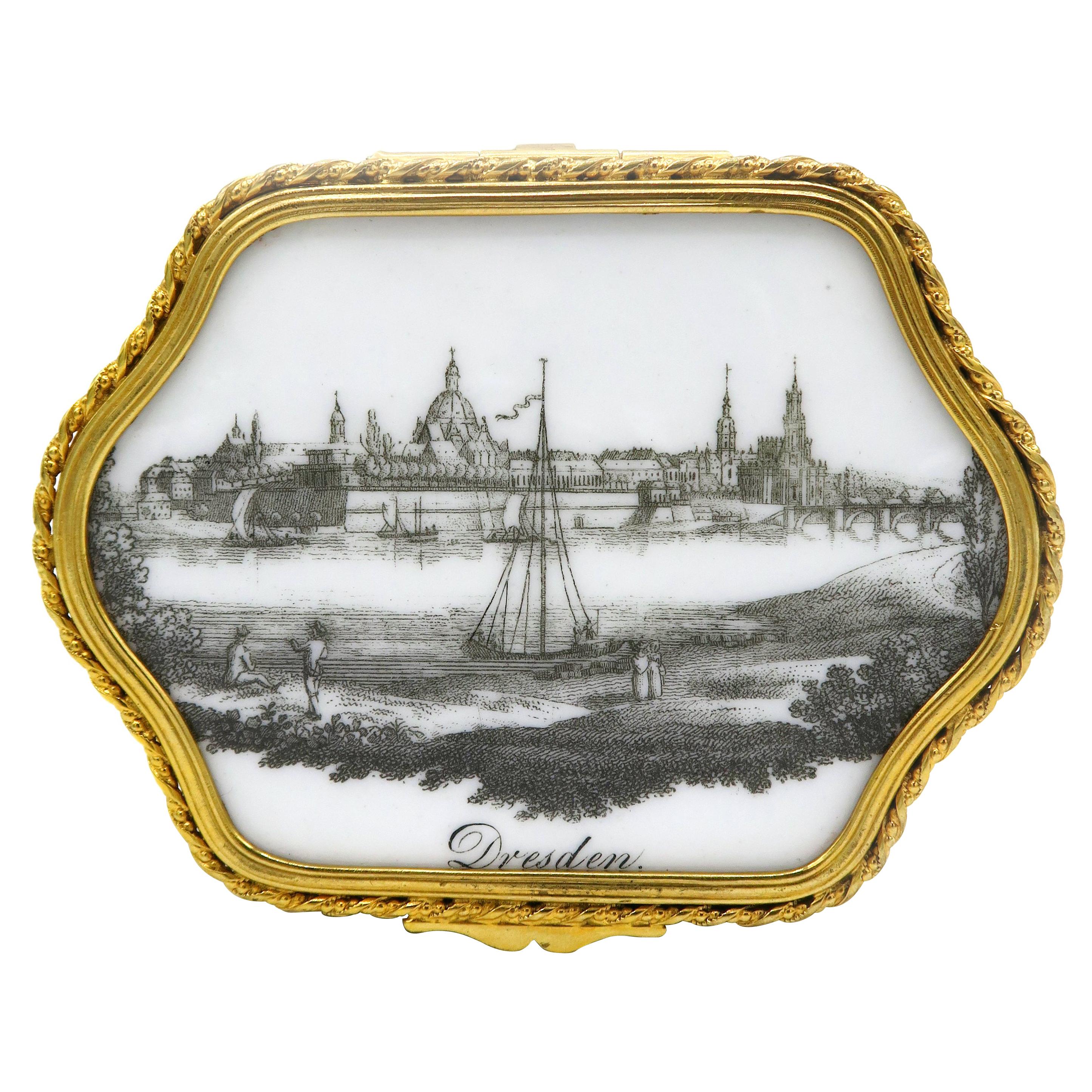 19th Century Box with Meissen Porcelain Lid of Dresden Landscape Painting