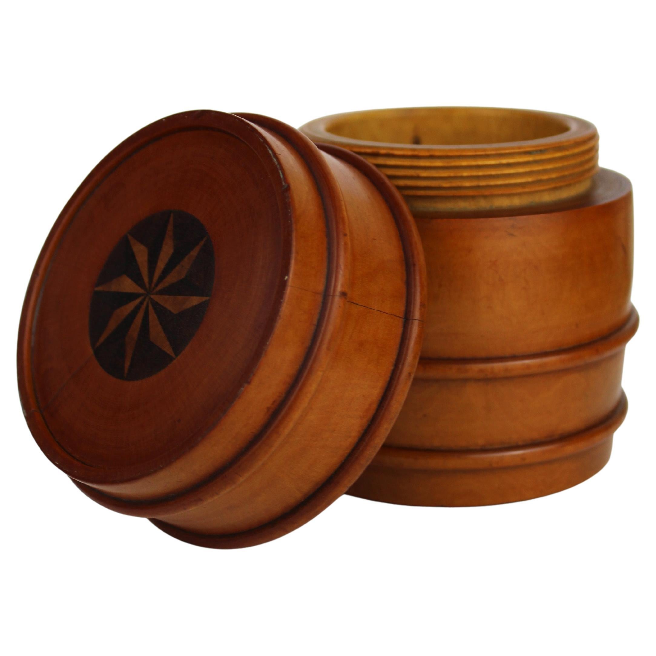 19th Century Boxwood Barrel Shaped Screw on lid Treen box Inlay on top France For Sale