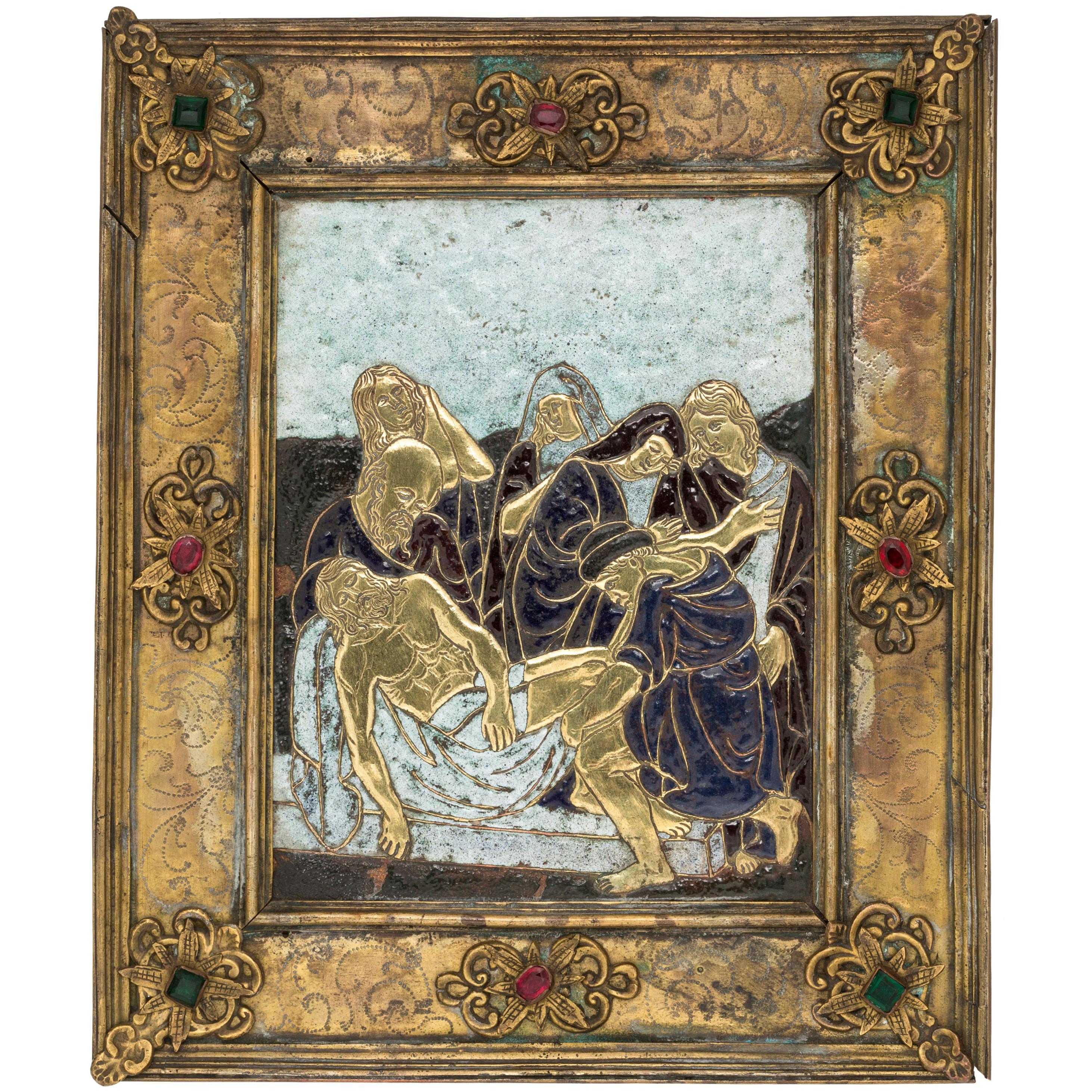 19th Century Brass Enamel Limoges Religious Plaque of the Lamentation of Christ