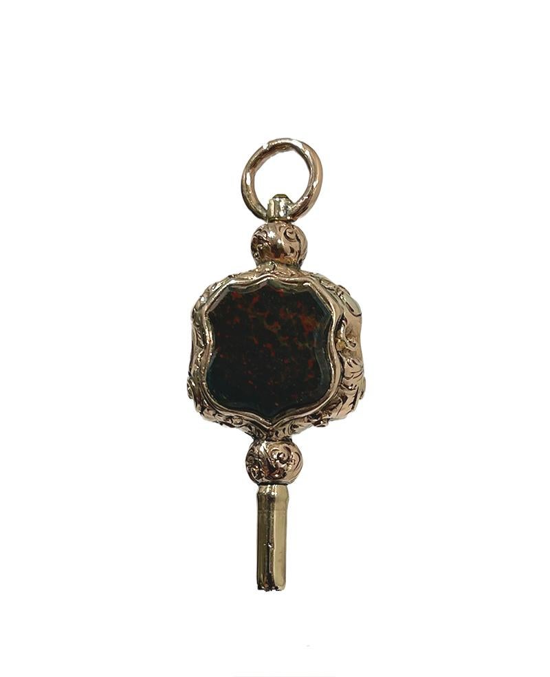 19th Century Brass and Gold Watch-Key with a with Carnelian and Heliotrope For Sale 1