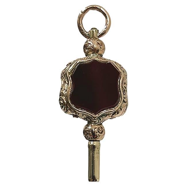 19th Century Brass and Gold Watch-Key with a with Carnelian and Heliotrope For Sale