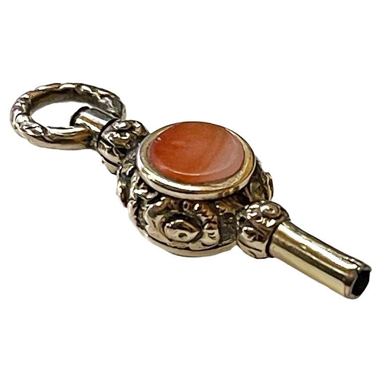 19th Century Brass and Gold Watch-Key with Agate and Heliotrope Stones For Sale