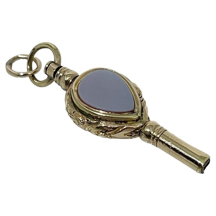 19th Century Brass and Gold Watch-Key with Agate and Heliotrope Stones
