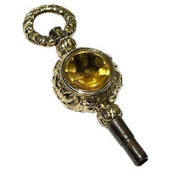 Uhrenschlüssel aus Messing und Gold des 19. Jahrhunderts mit Citrin und Heliotrope-Stein