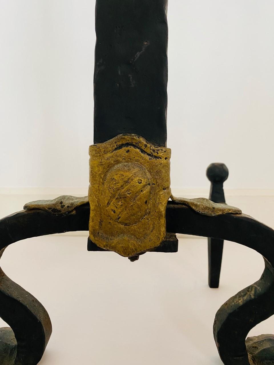 European 19th Century Brass and Iron Lion Andirons For Sale