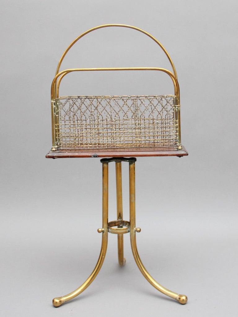 Victorian 19th Century Brass and Mahogany Magazine Rack For Sale