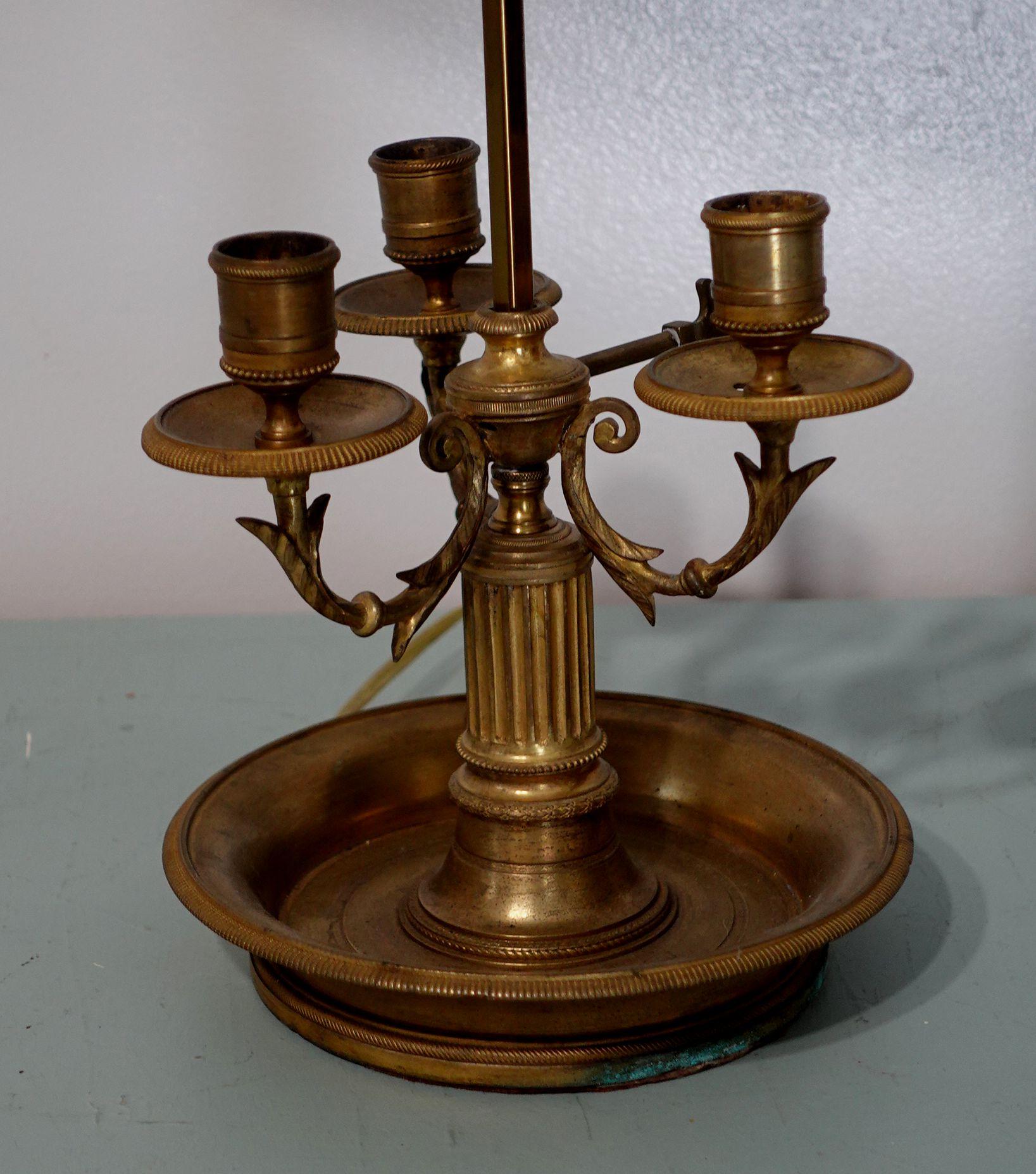 Hand-Crafted 19th Century Brass and Tole Bouillotte Lamp and Candle Holders For Sale