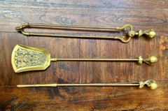 19th Century Brass Andirons Fire Tools