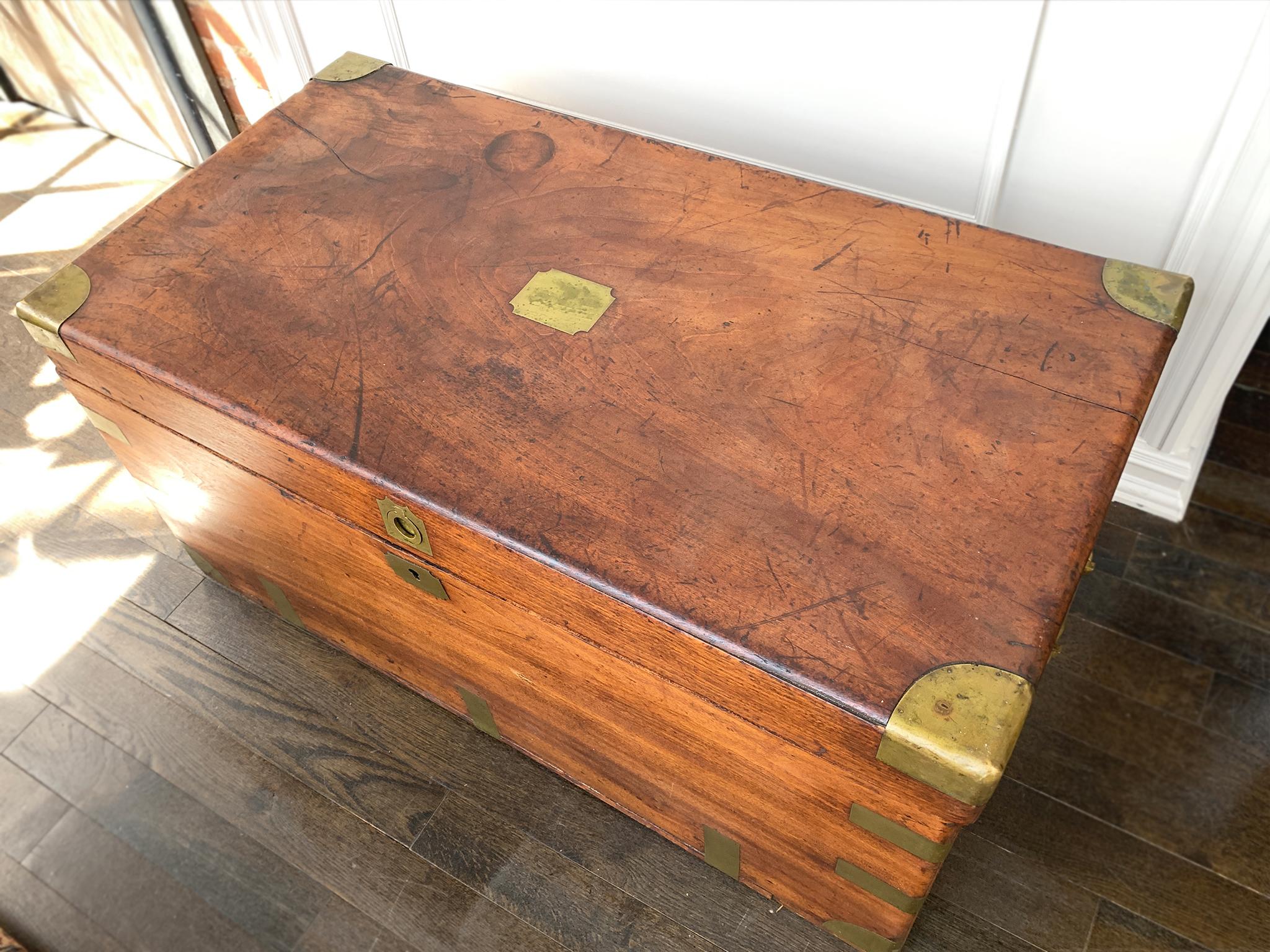 Questa cassapanca antica in legno di canfora è un classico. Realizzata a mano in Cina alla fine del XIX secolo, la cassapanca è rilegata in ottone agli angoli e ai bordi, con maniglie a coda montate sui lati. Ci piace il modo in cui il legno ha