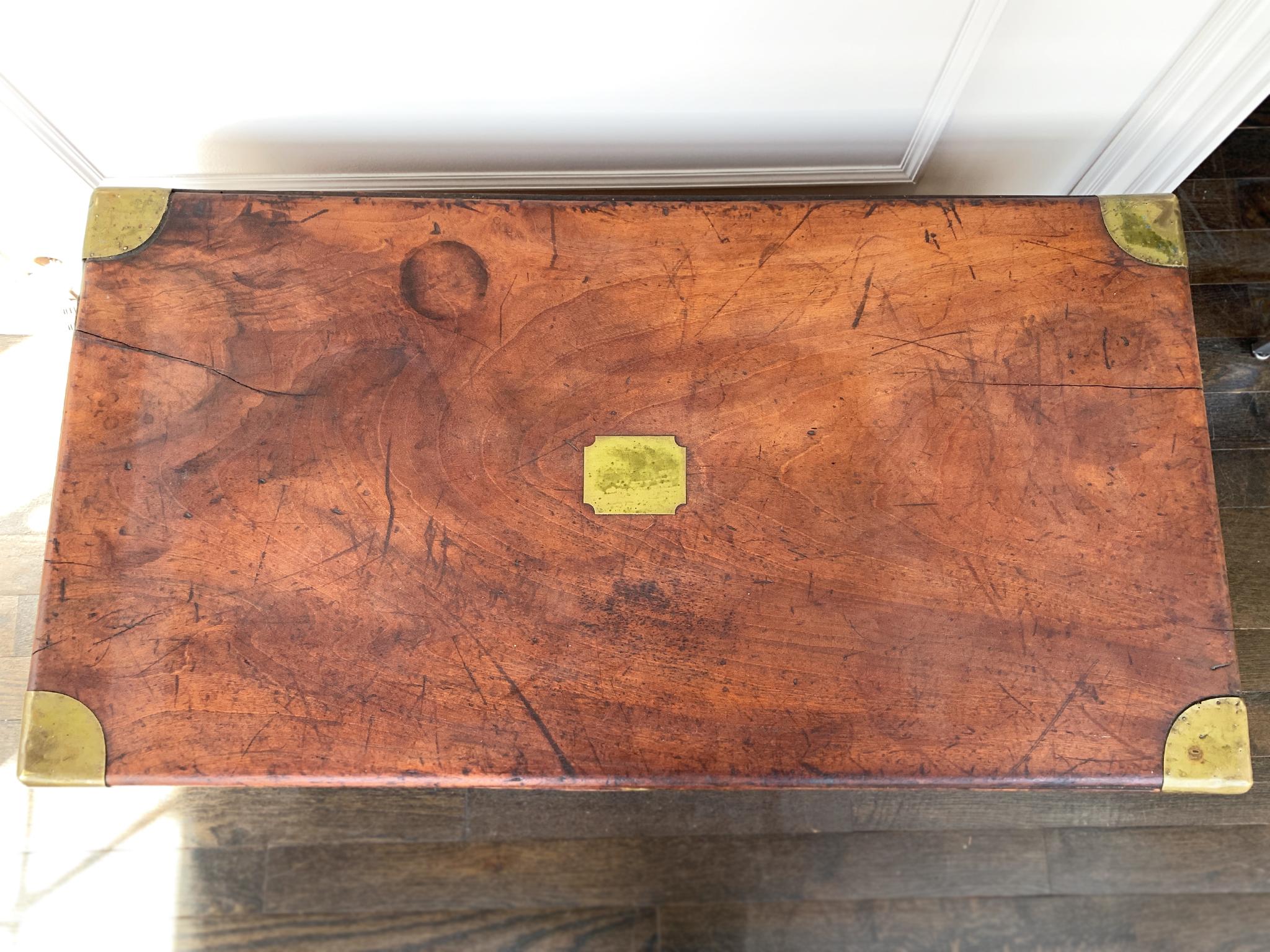 Ottone Cassapanca in legno di canfora rilegata in ottone del XIX secolo in vendita