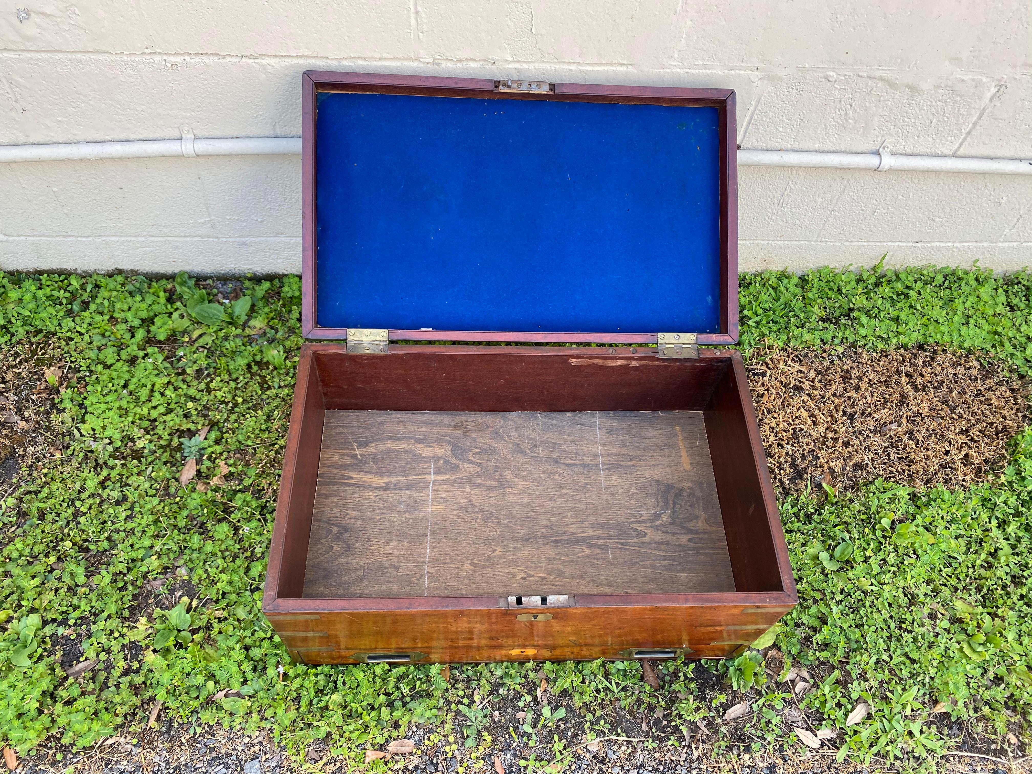 English 19th Century Brass Bound Mahogany British Campaign Trunk with Drawer