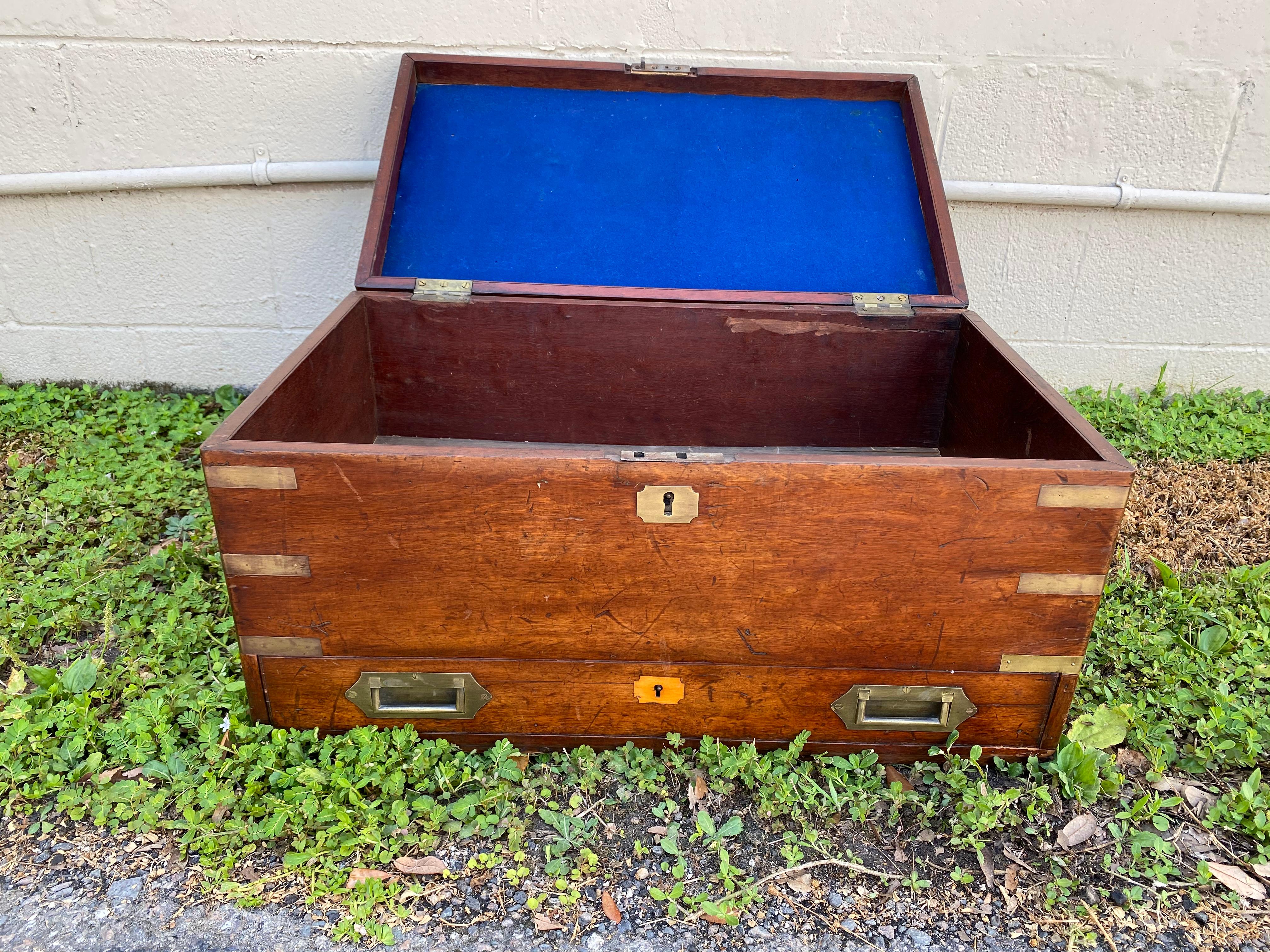 19th Century Brass Bound Mahogany British Campaign Trunk with Drawer In Good Condition In Charleston, SC