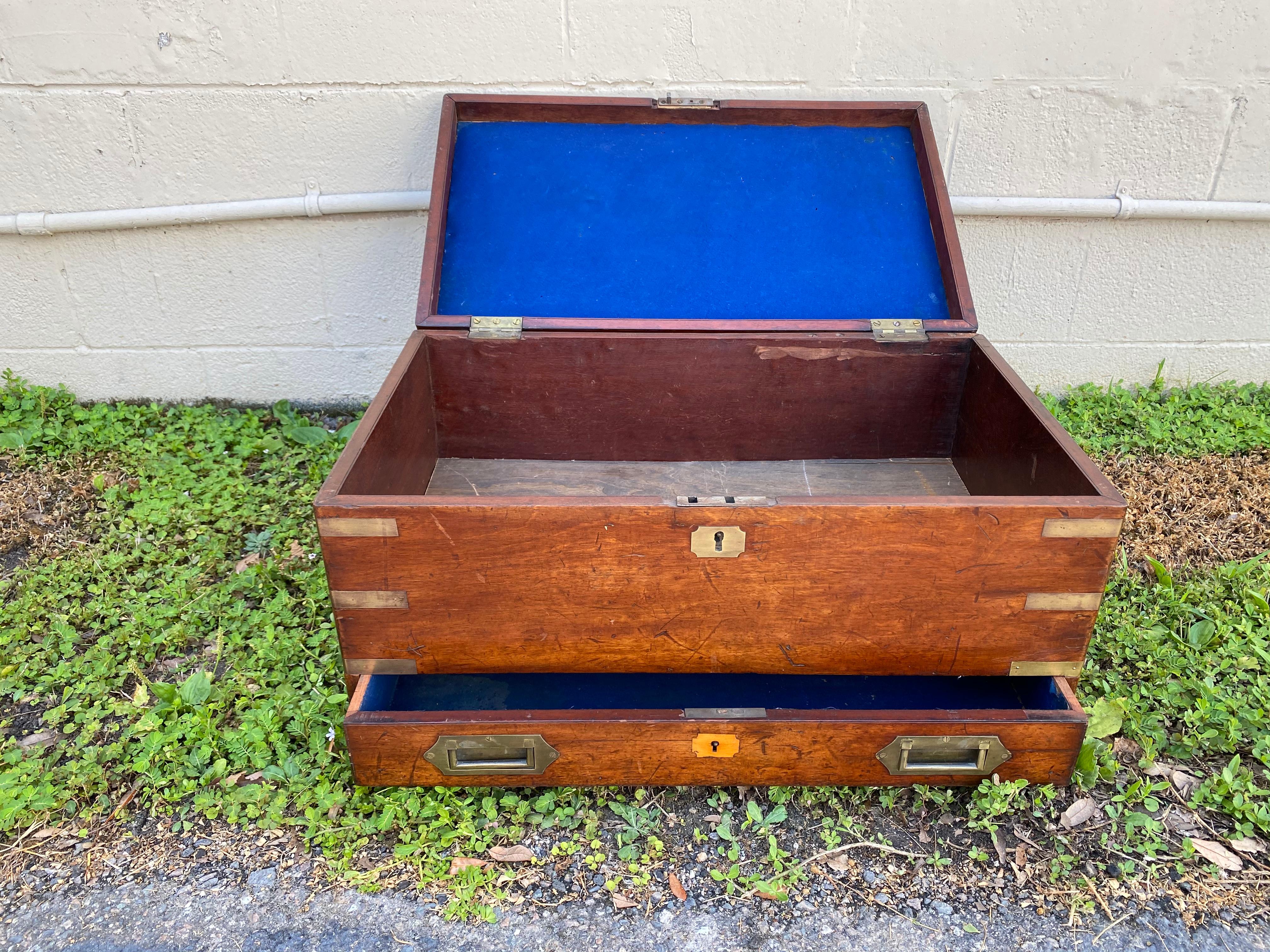 19th Century Brass Bound Mahogany British Campaign Trunk with Drawer 1