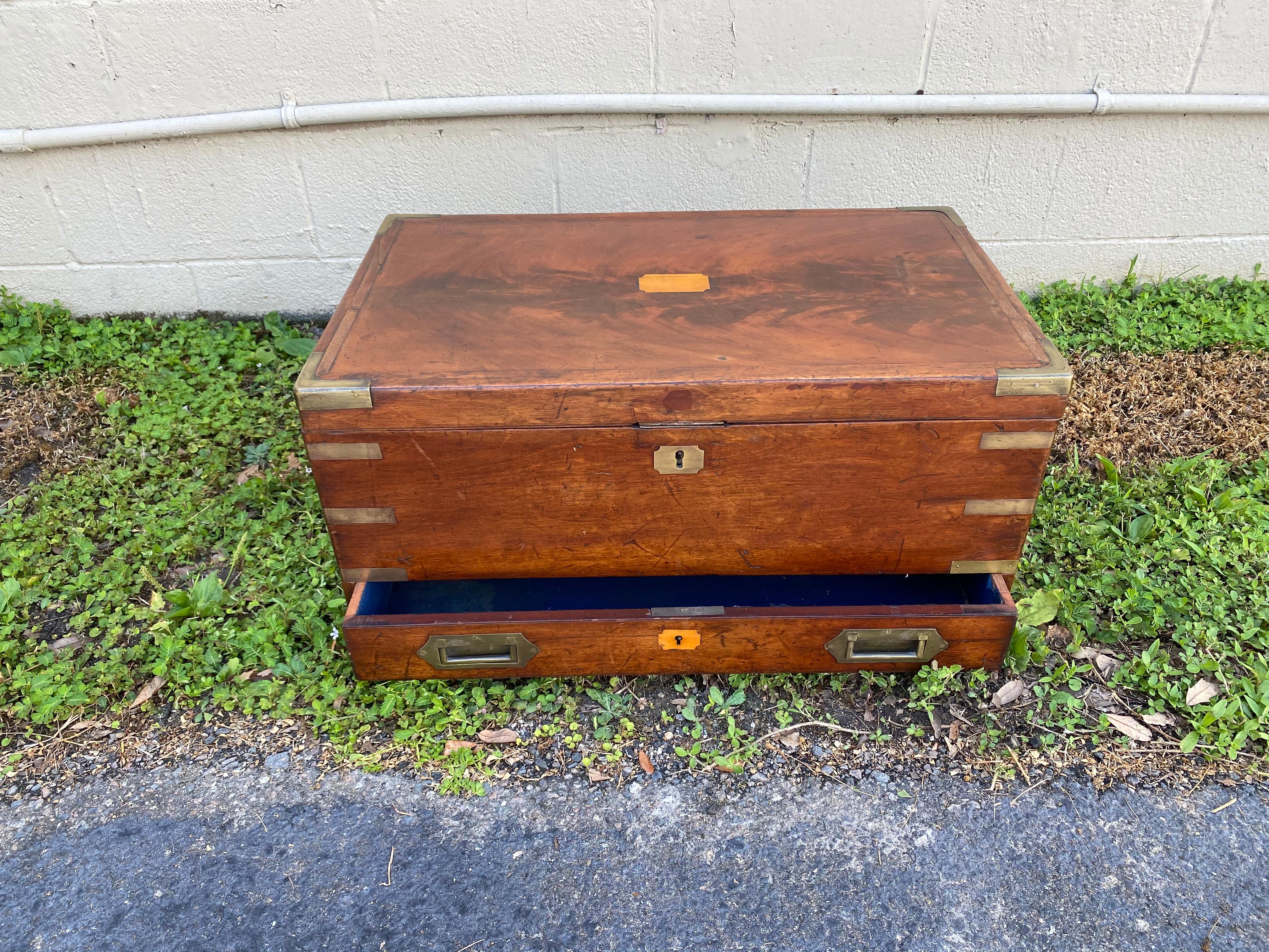 19th Century Brass Bound Mahogany British Campaign Trunk with Drawer 2