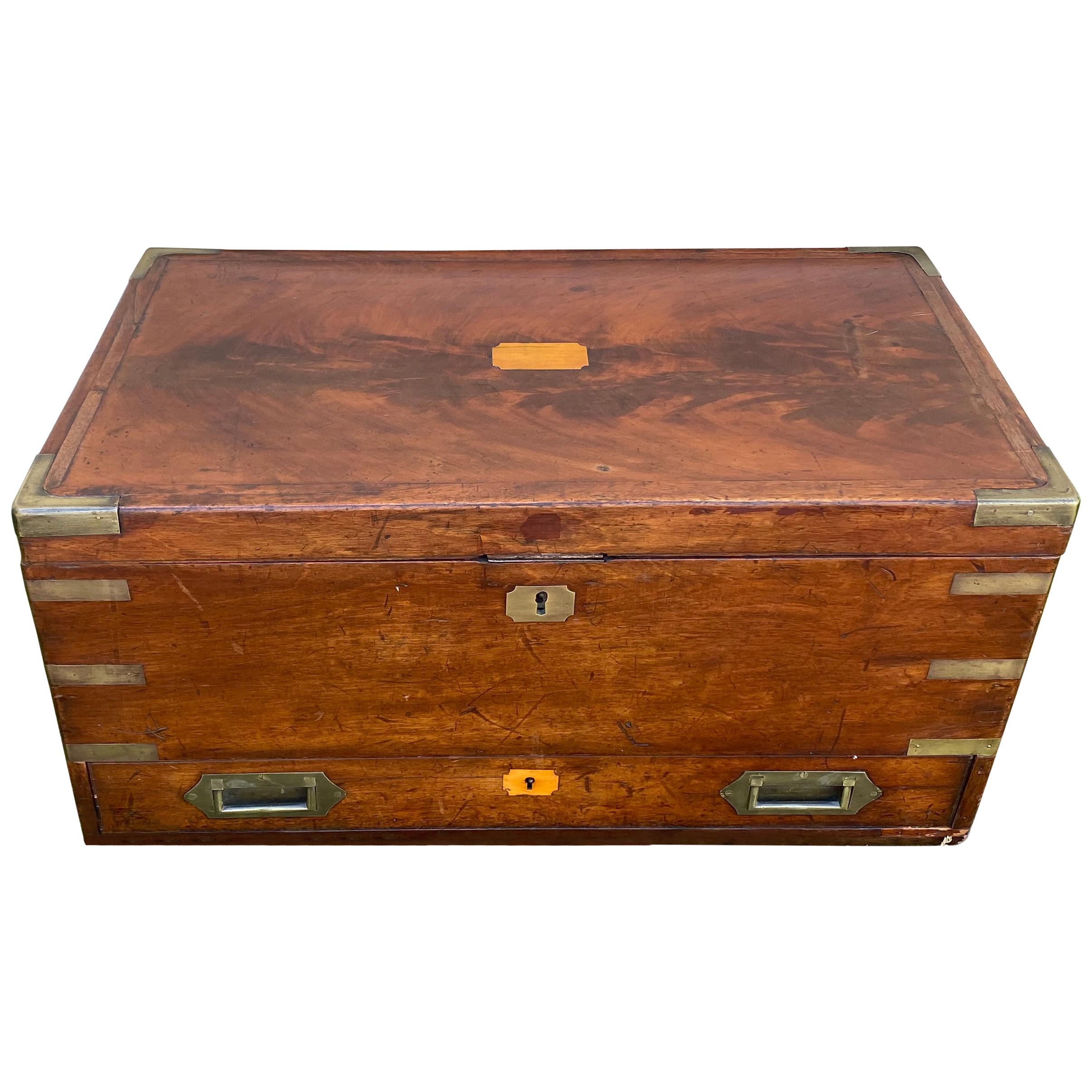 19th Century Brass Bound Mahogany British Campaign Trunk with Drawer
