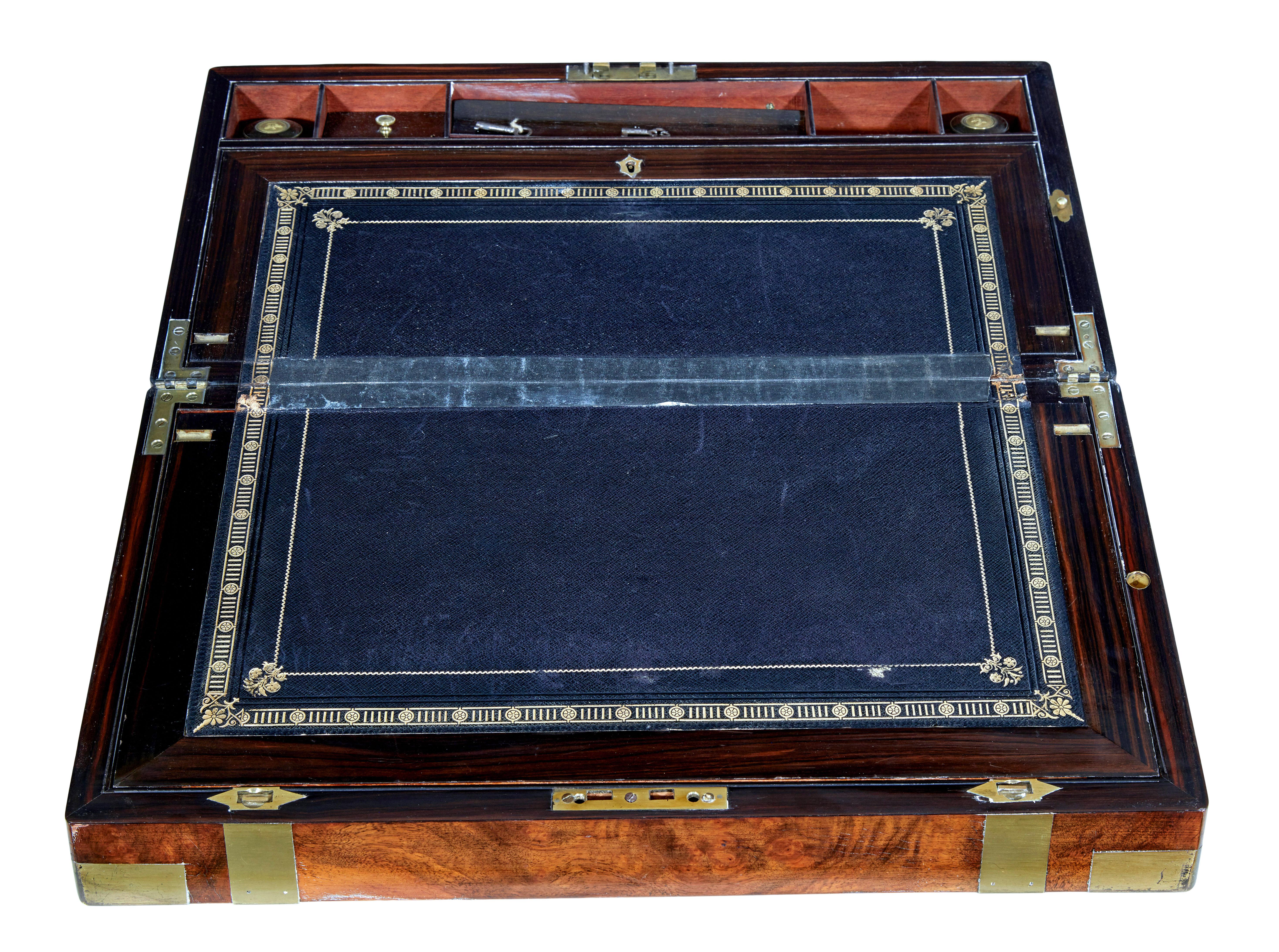 19th century brass bound mahogany writing slope circa 1890.

Good quality brass bound box slope made in mahogany.  Inscribed brass plaque shows that this was presented to a mr james street in 1902 for his service in the customs service.

Interior