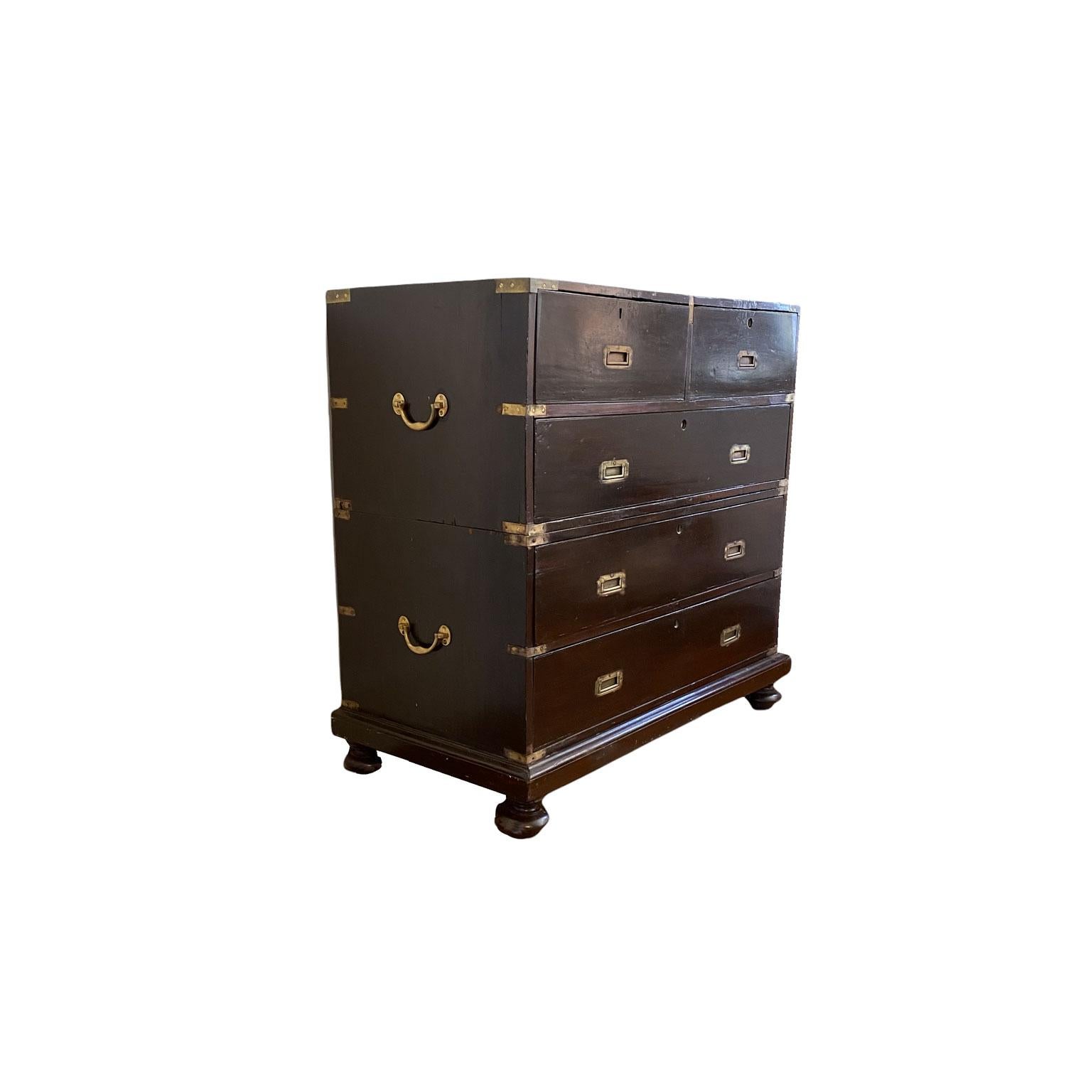 English 19th Century Brass-Bound Teak Campaign Chest of Drawers in Two Parts