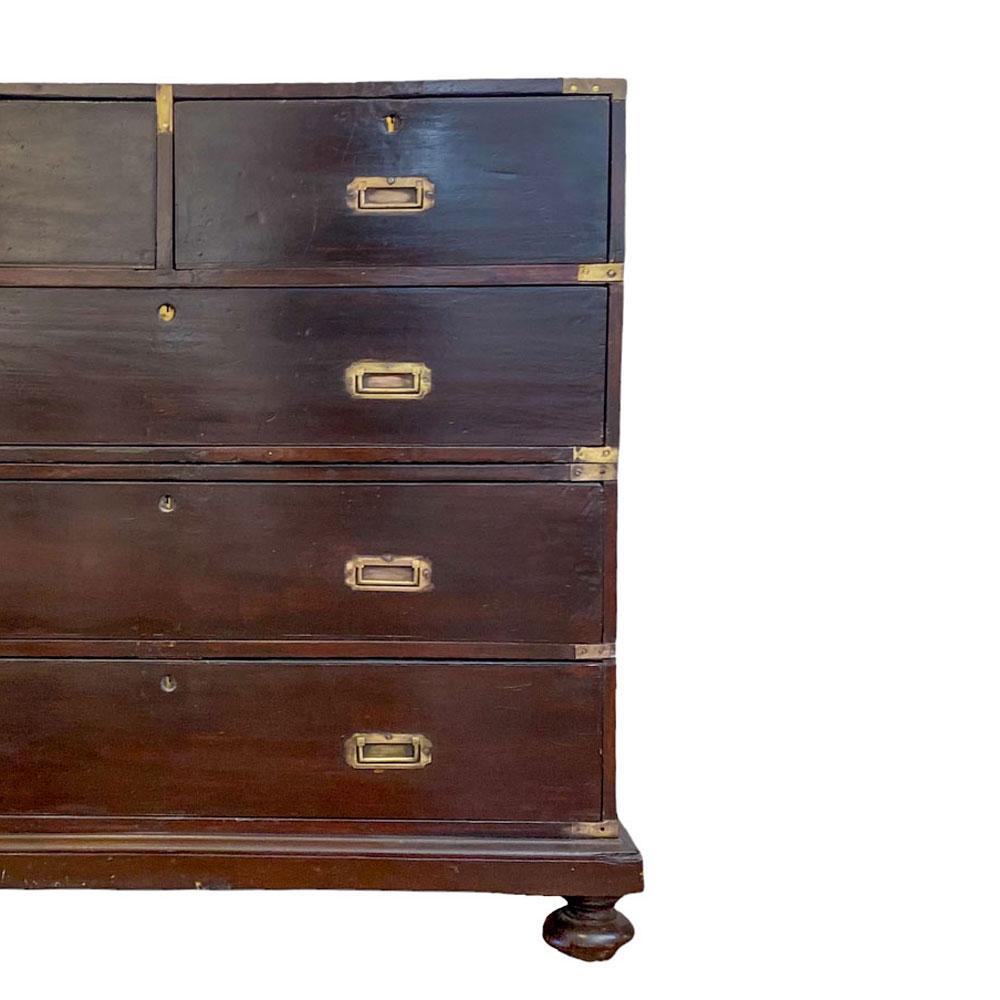 Woodwork 19th Century Brass-Bound Teak Campaign Chest of Drawers in Two Parts