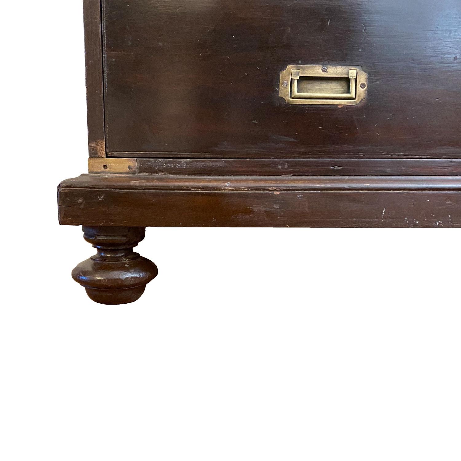 19th Century Brass-Bound Teak Campaign Chest of Drawers in Two Parts In Good Condition In Nantucket, MA